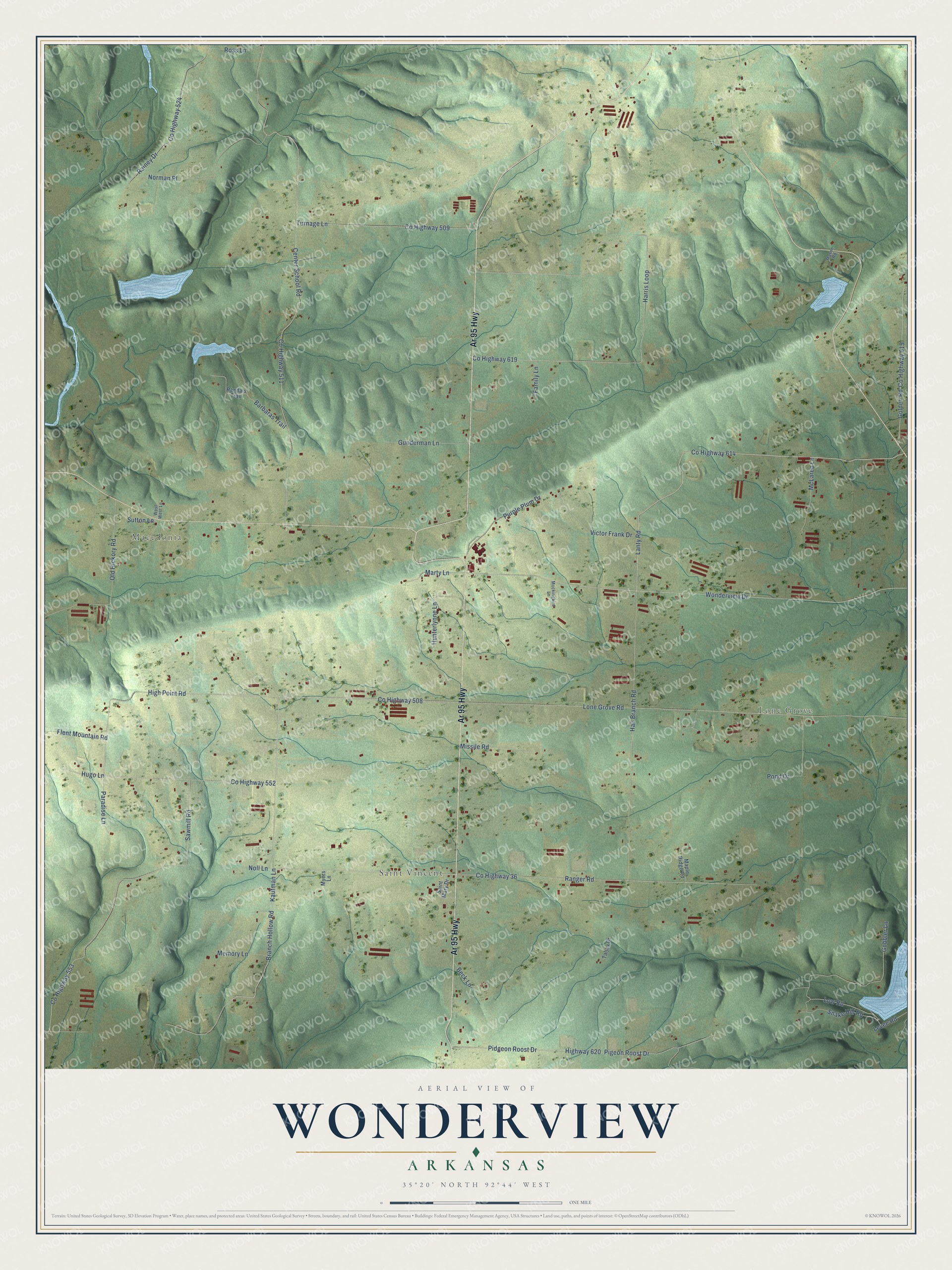 Full map of Wonderview, Arkansas, with red buildings, printed street names and the land around them