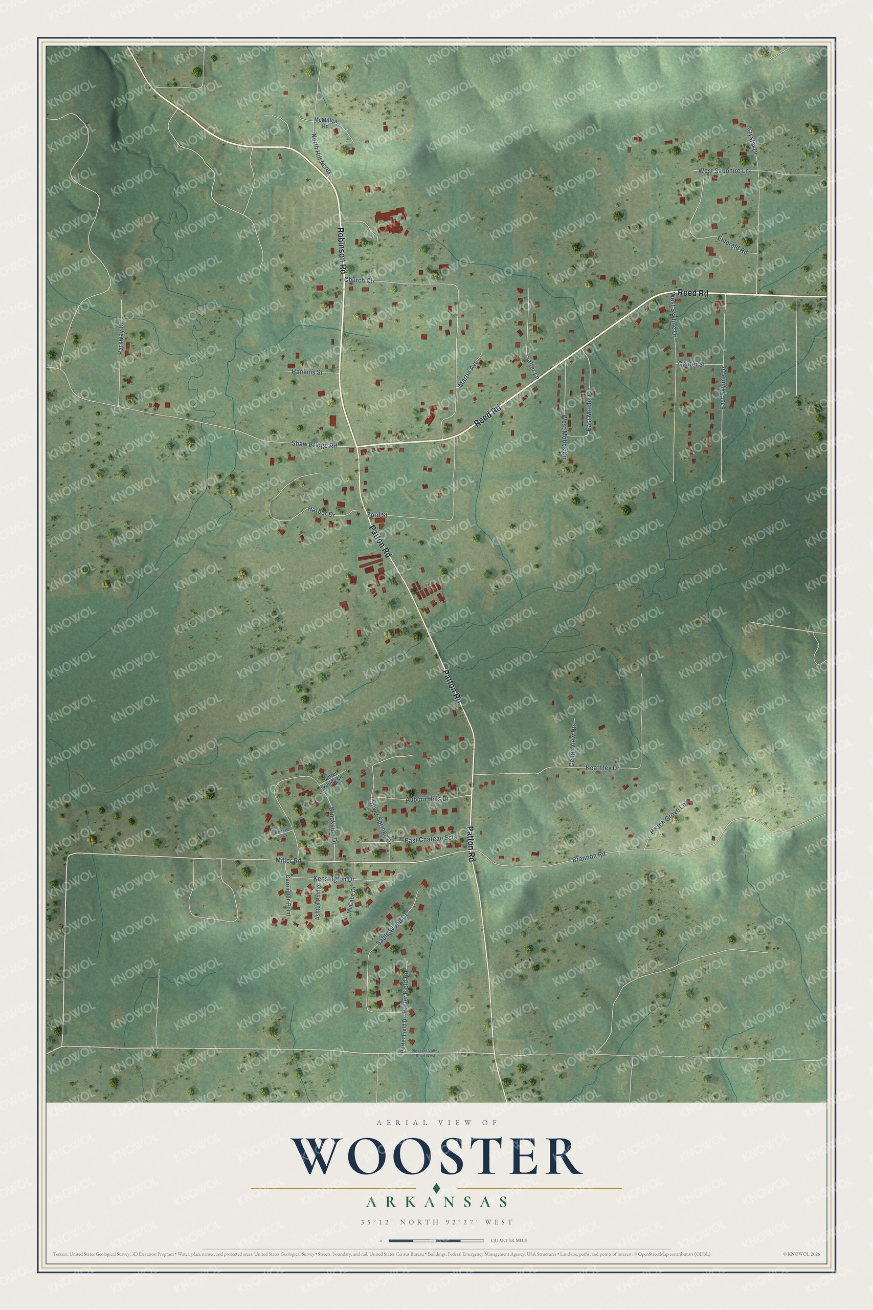 Full map of Wooster, Arkansas, with red buildings, printed street names and the land around them