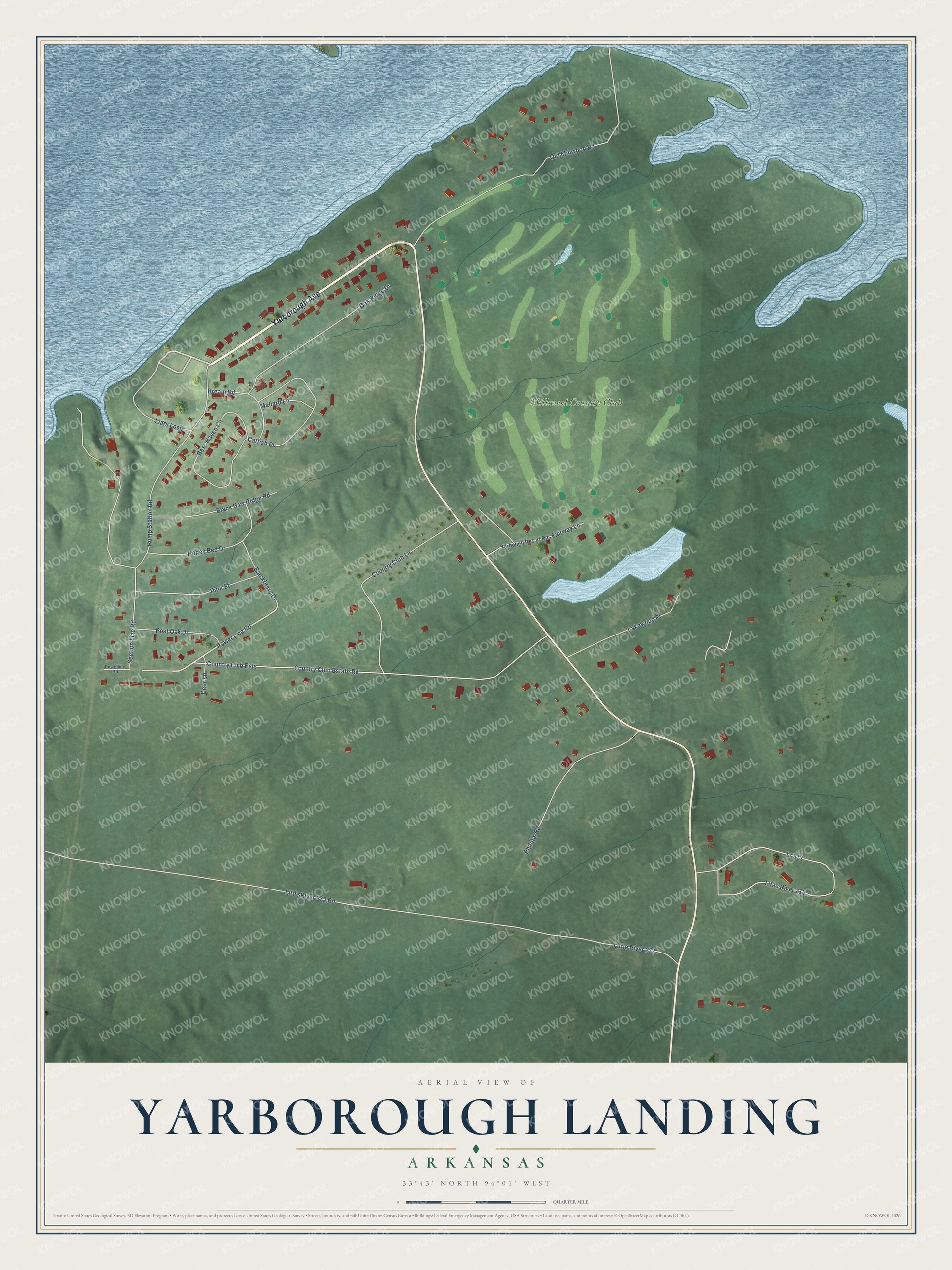 Full map of Yarborough Landing, Arkansas, with red buildings, printed street names and the land around them