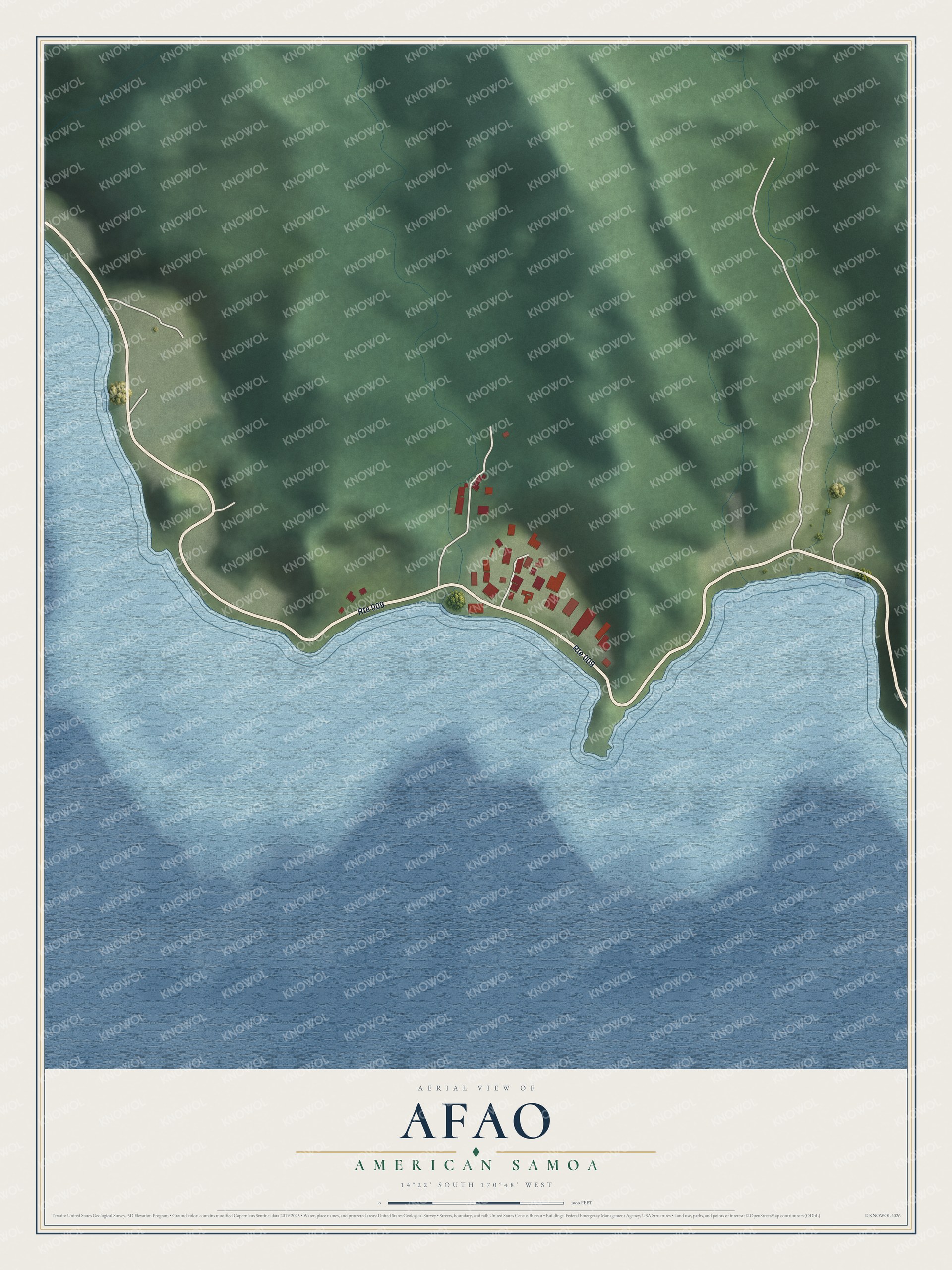 Full map of Afao, American Samoa, with red buildings, printed street names and the land around them