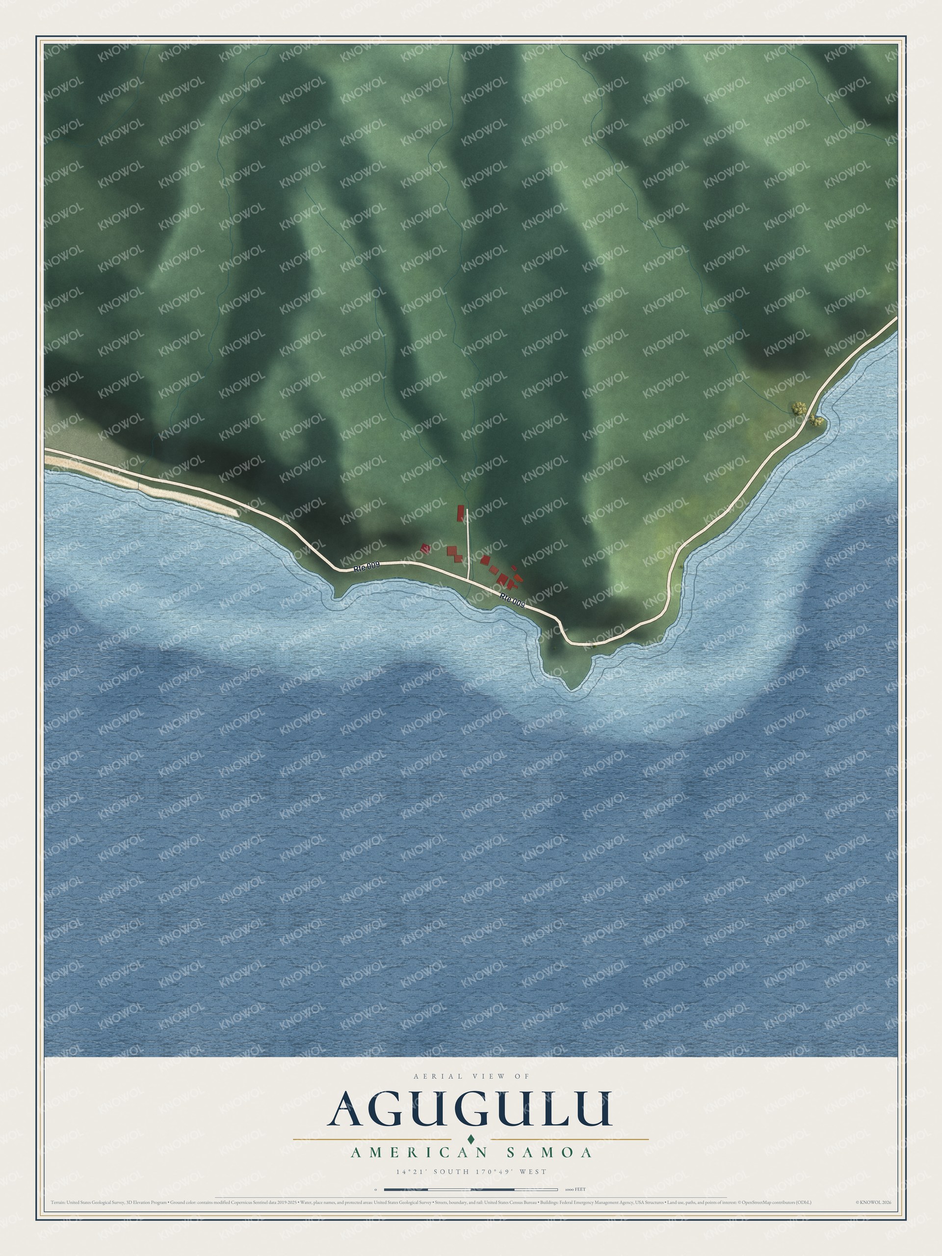 Full map of Agugulu, American Samoa, with red buildings, printed street names and the land around them