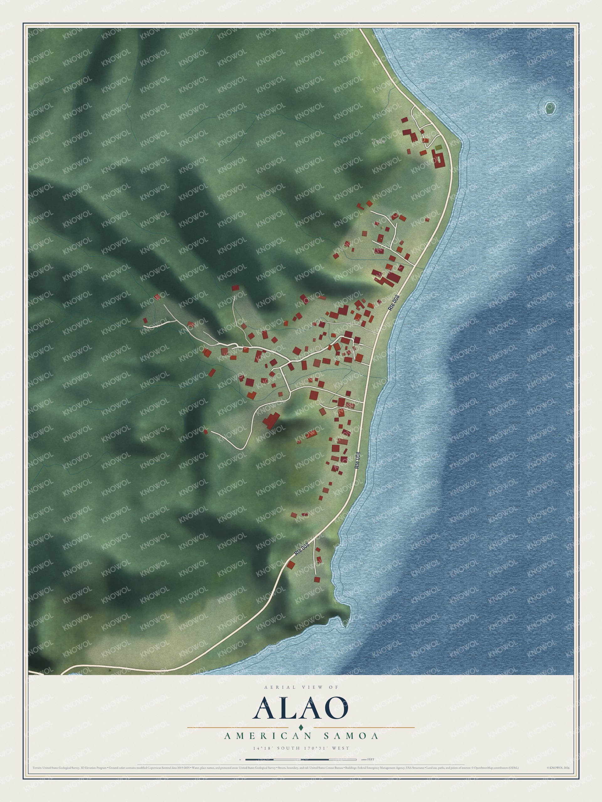 Full map of Alao, American Samoa, with red buildings, printed street names and the land around them