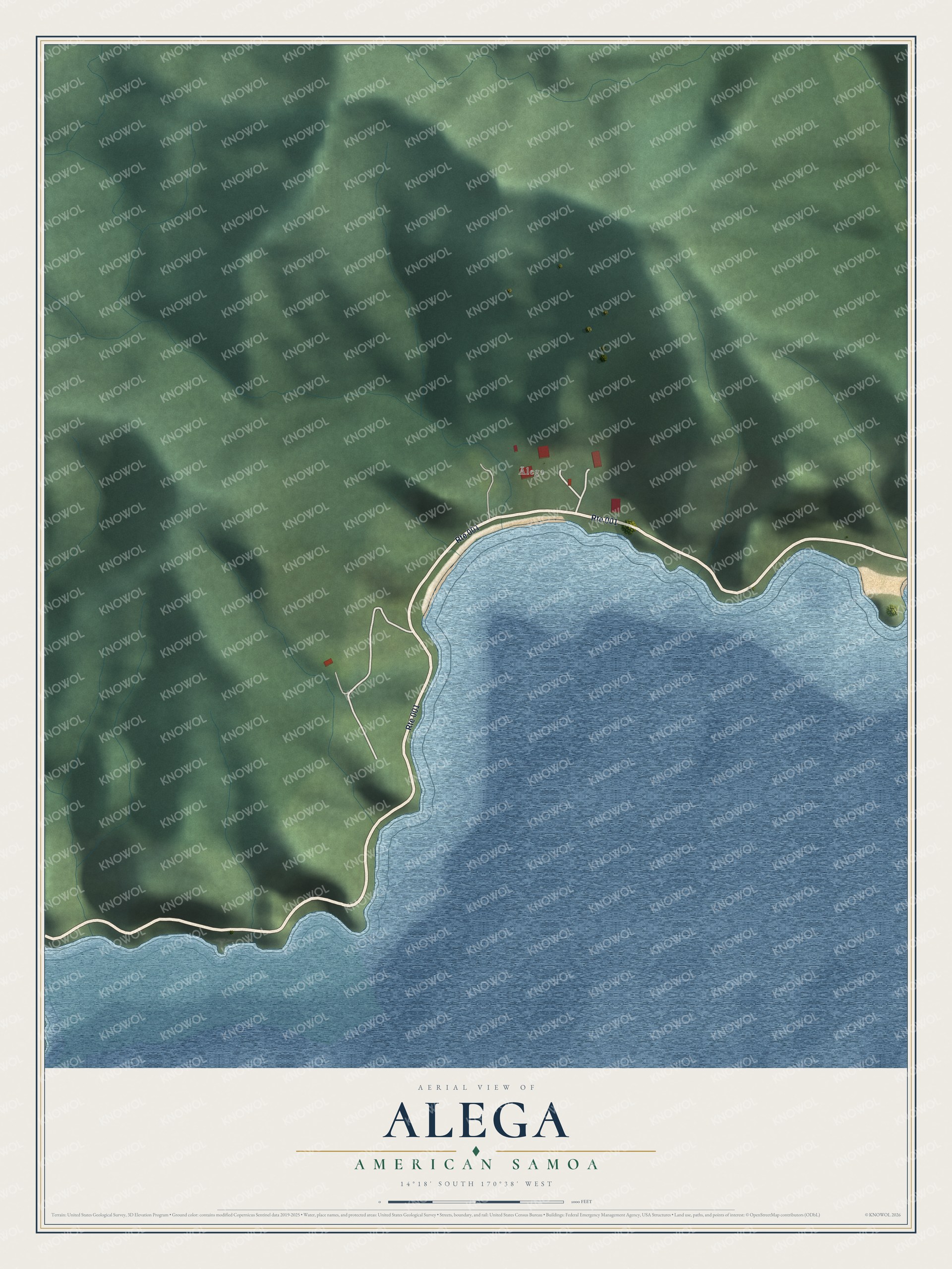 Full map of Alega, American Samoa, with red buildings, printed street names and the land around them