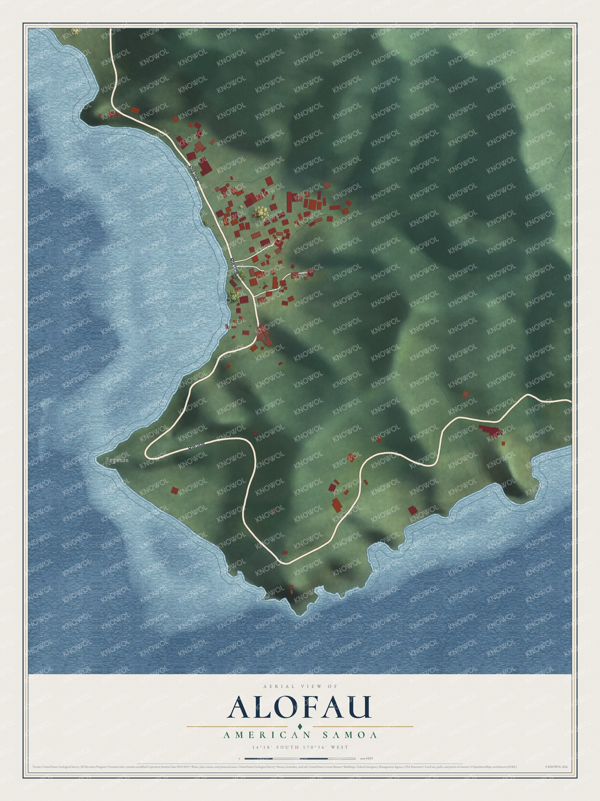 Full map of Alofau, American Samoa, with red buildings, printed street names and the land around them