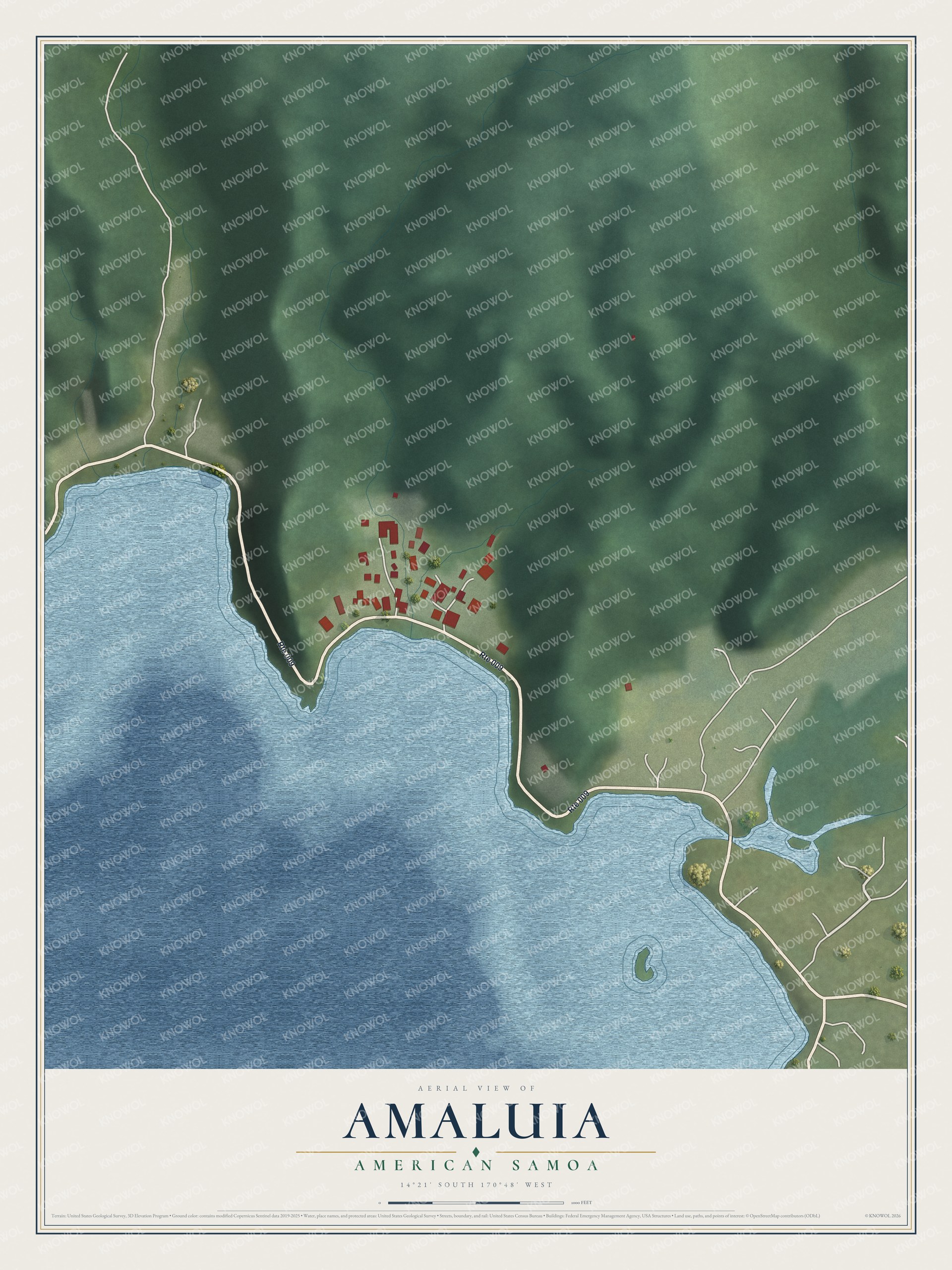 Full map of Amaluia, American Samoa, with red buildings, printed street names and the land around them