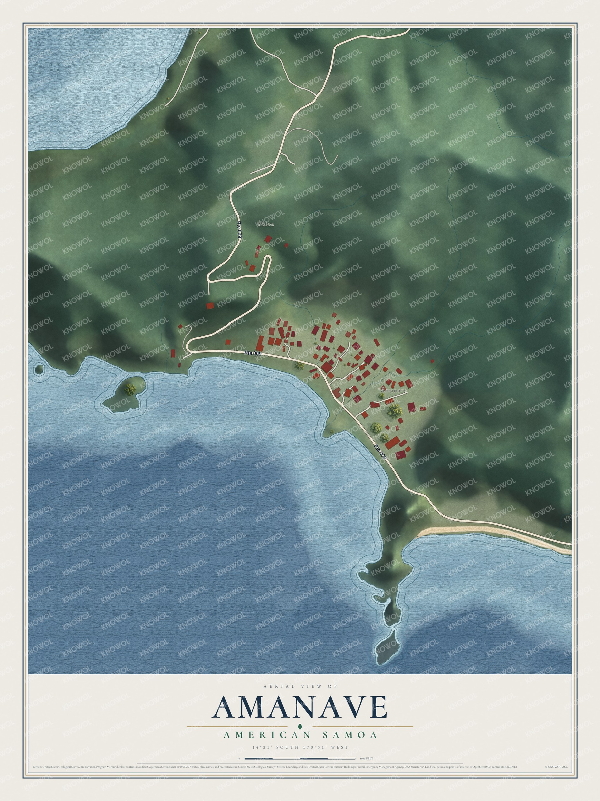Full map of Amanave, American Samoa, with red buildings, printed street names and the land around them