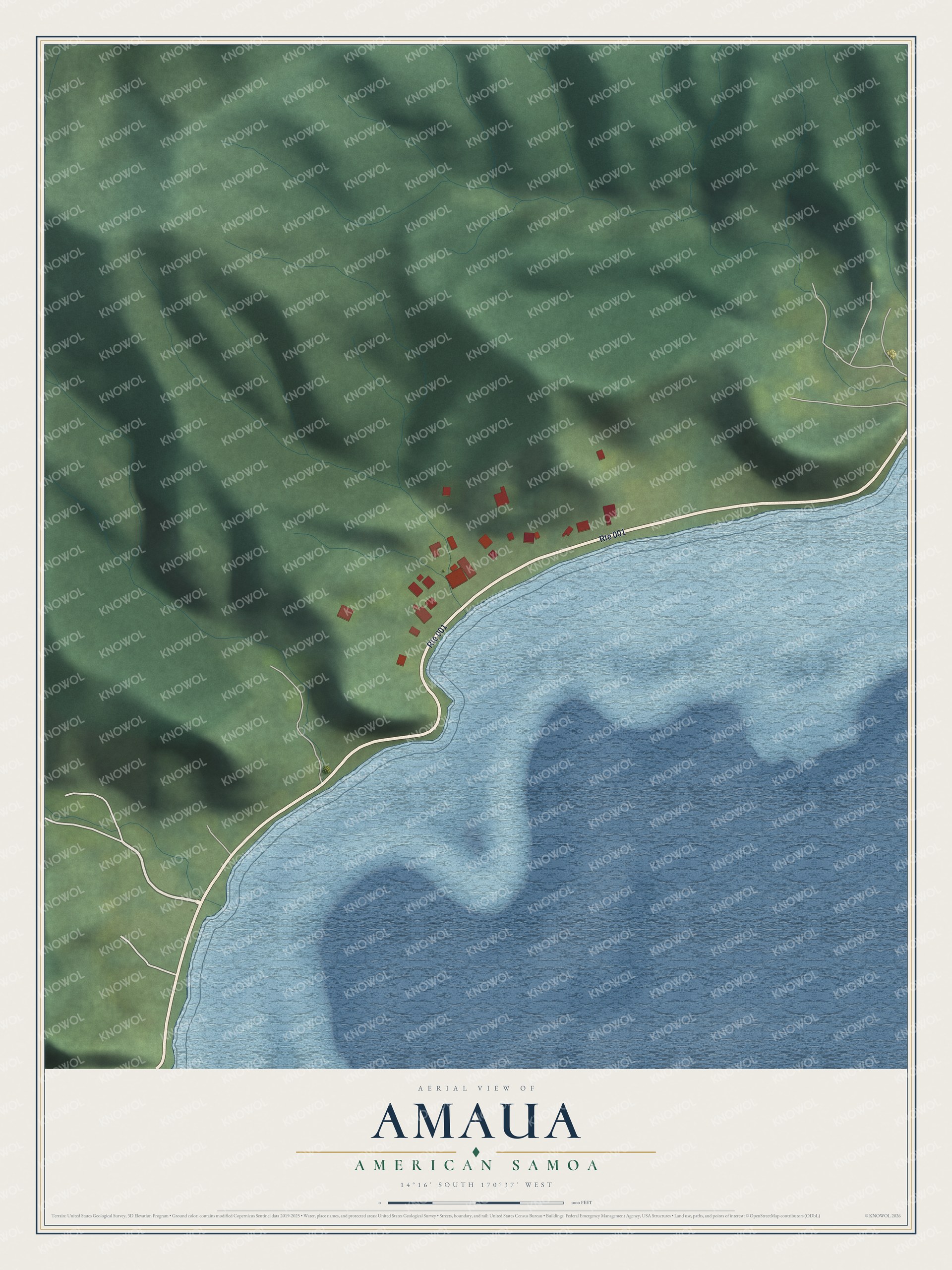 Full map of Amaua, American Samoa, with red buildings, printed street names and the land around them