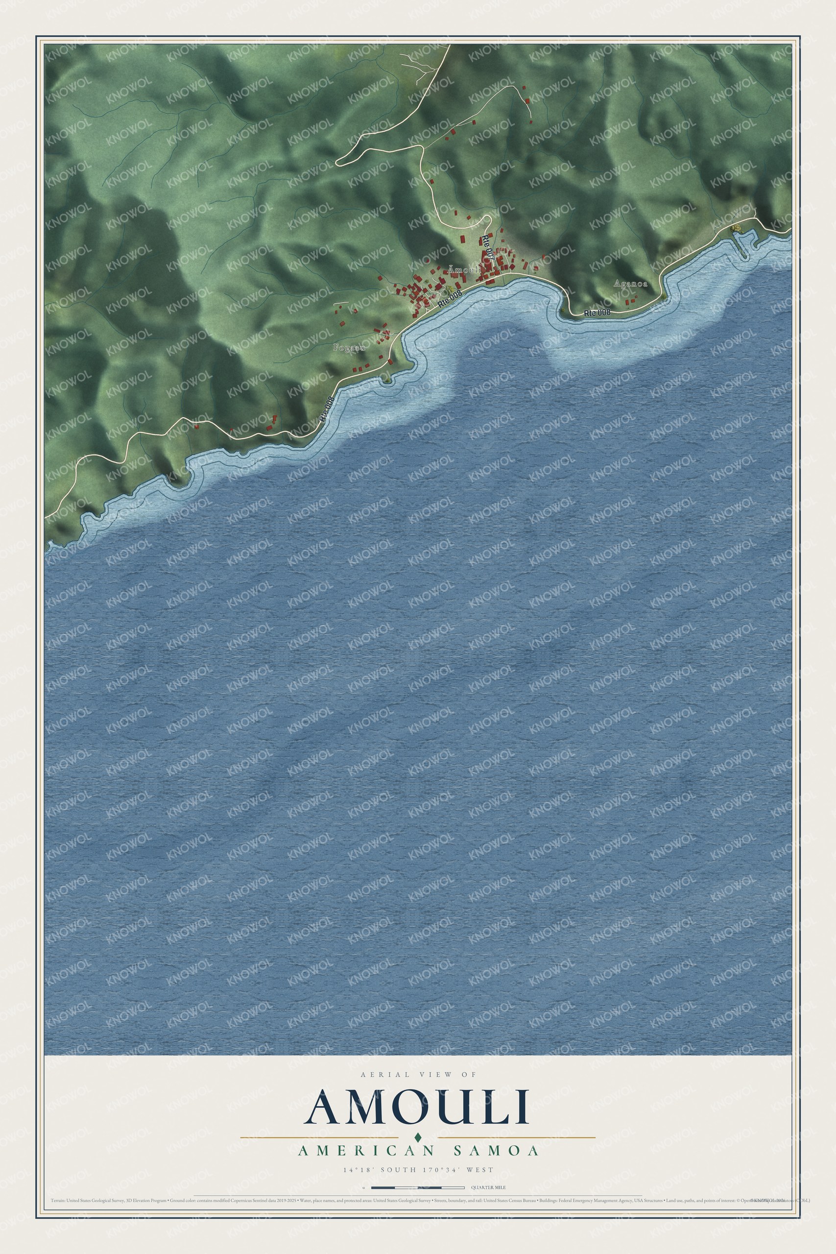 Full map of Amouli, American Samoa, with red buildings, printed street names and the land around them