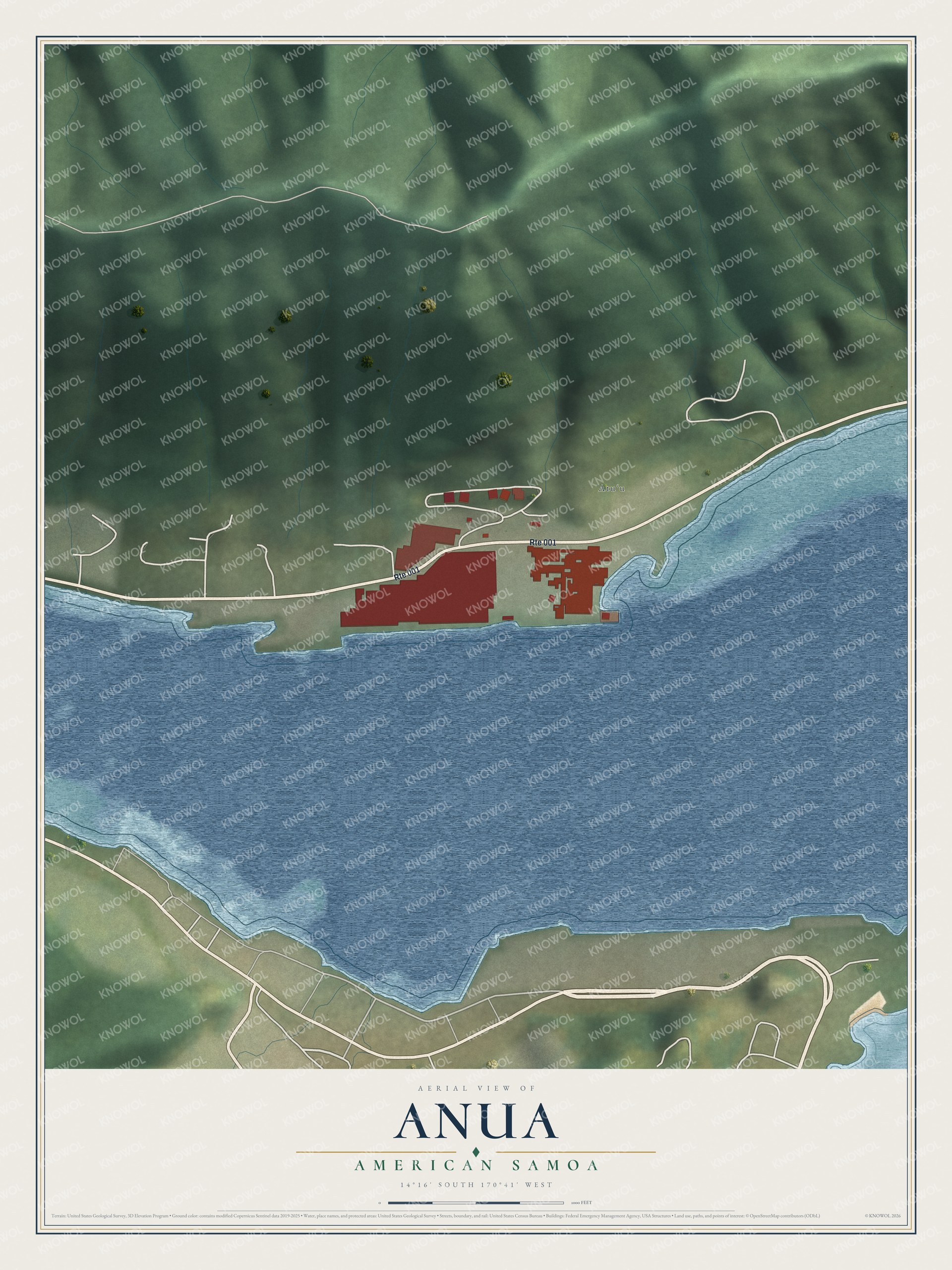 Full map of Anua, American Samoa, with red buildings, printed street names and the land around them