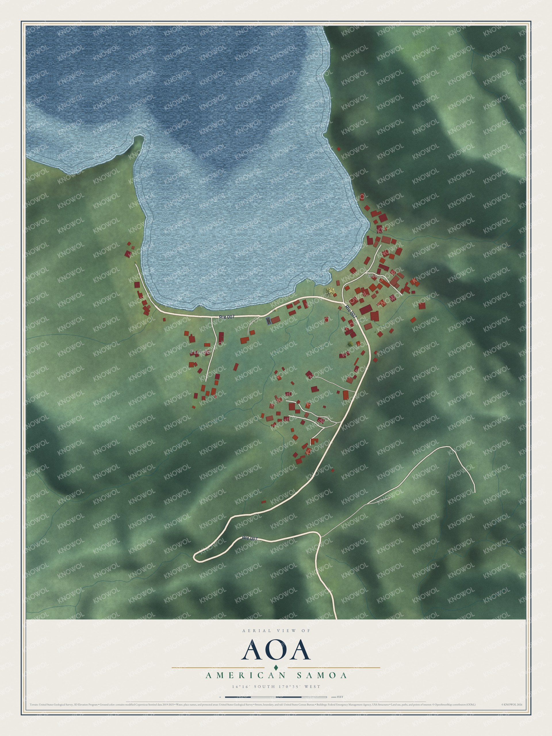 Full map of Aoa, American Samoa, with red buildings, printed street names and the land around them