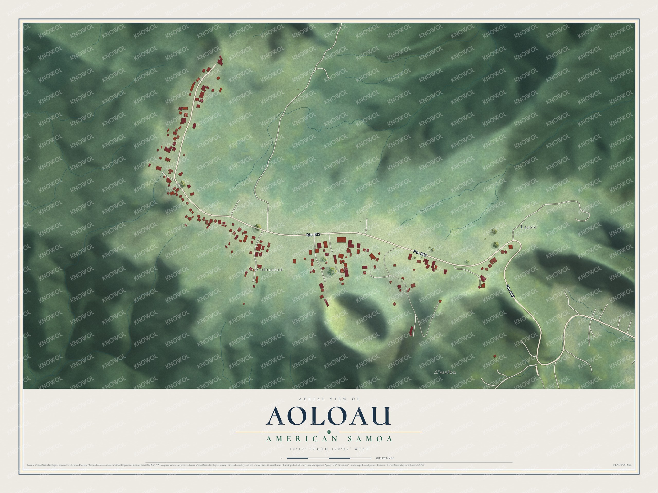 Full map of Aoloau, American Samoa, with red buildings, printed street names and the land around them