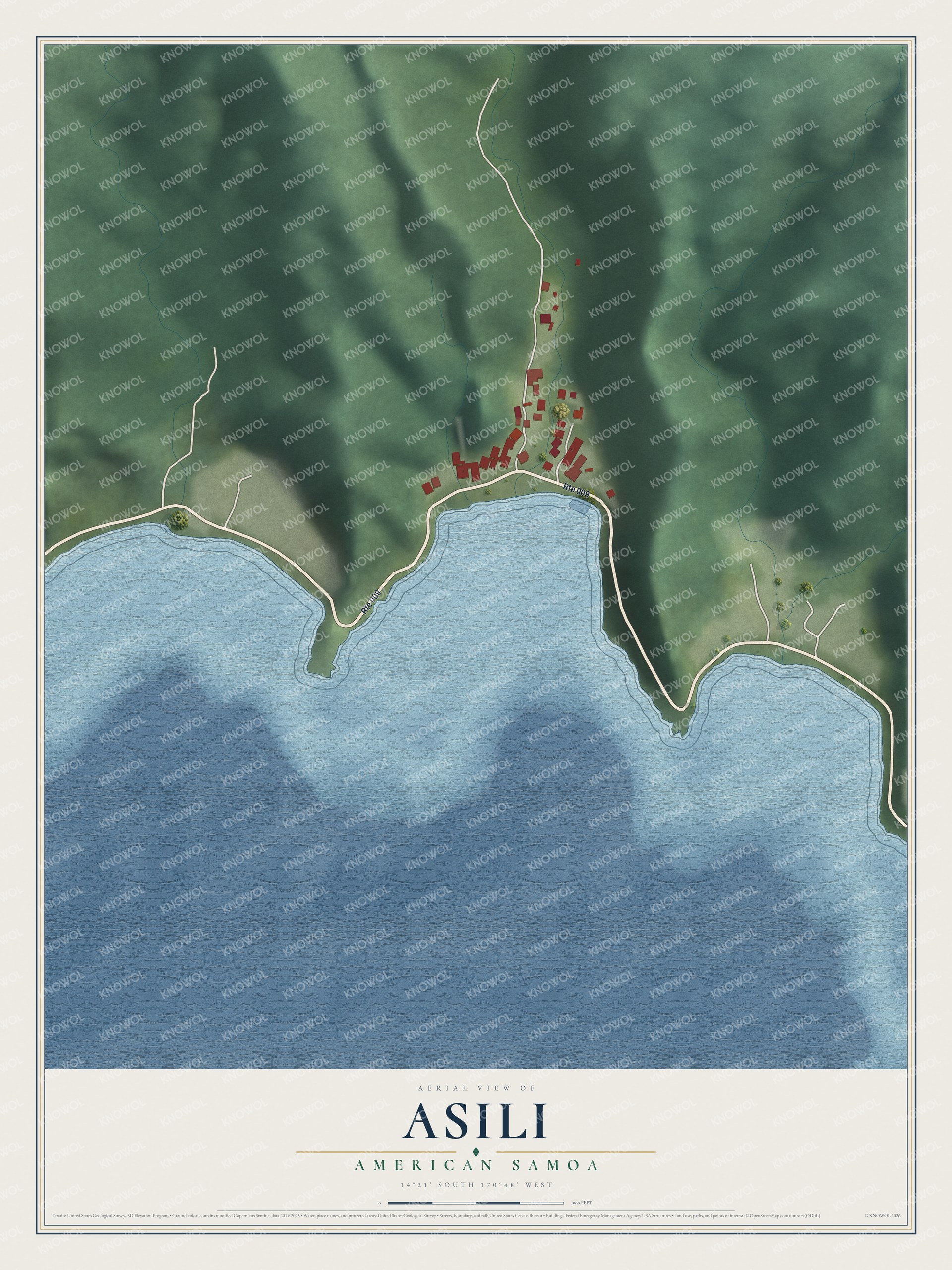 Full map of Asili, American Samoa, with red buildings, printed street names and the land around them