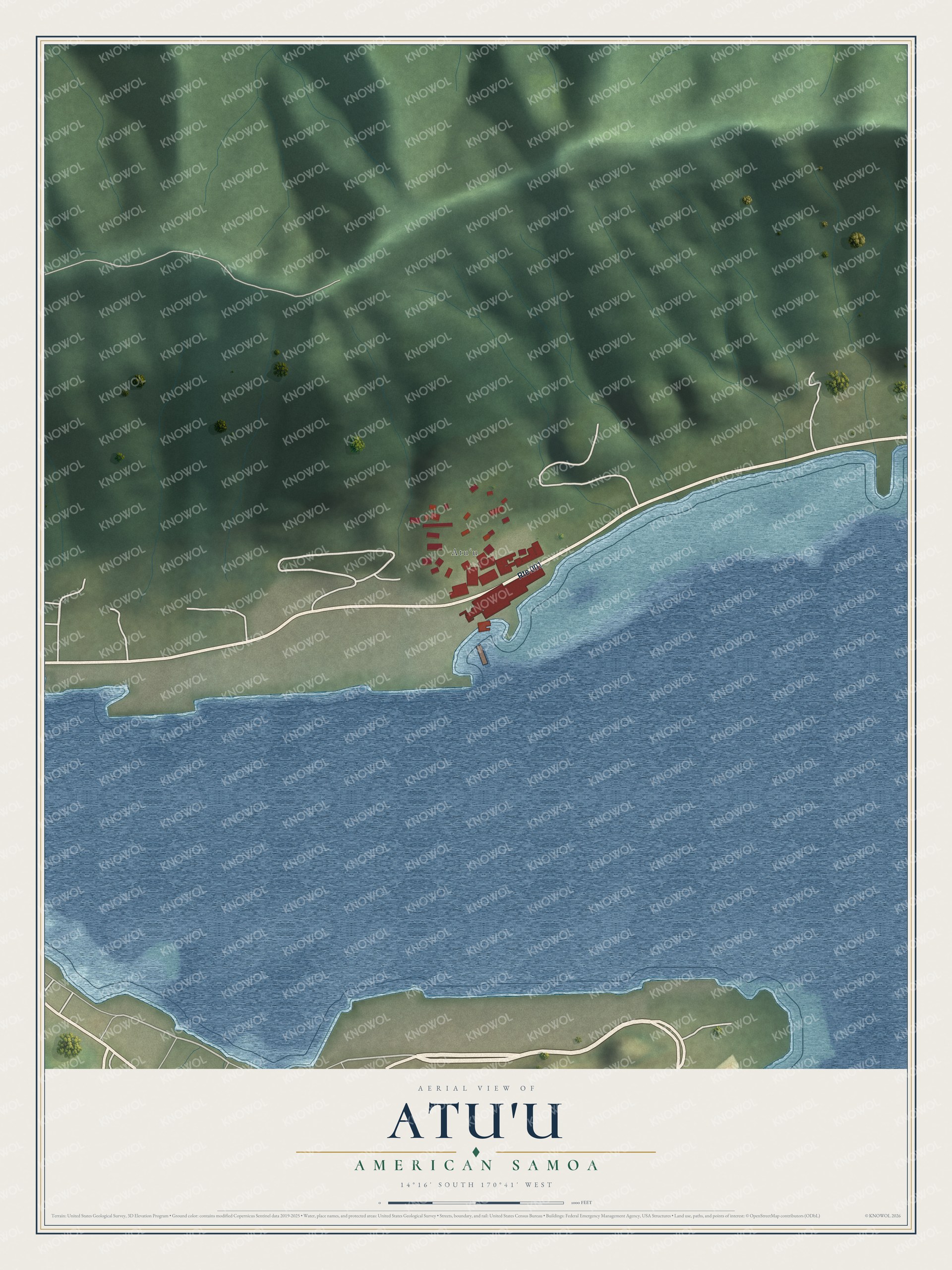 Full map of Atu'u, American Samoa, with red buildings, printed street names and the land around them