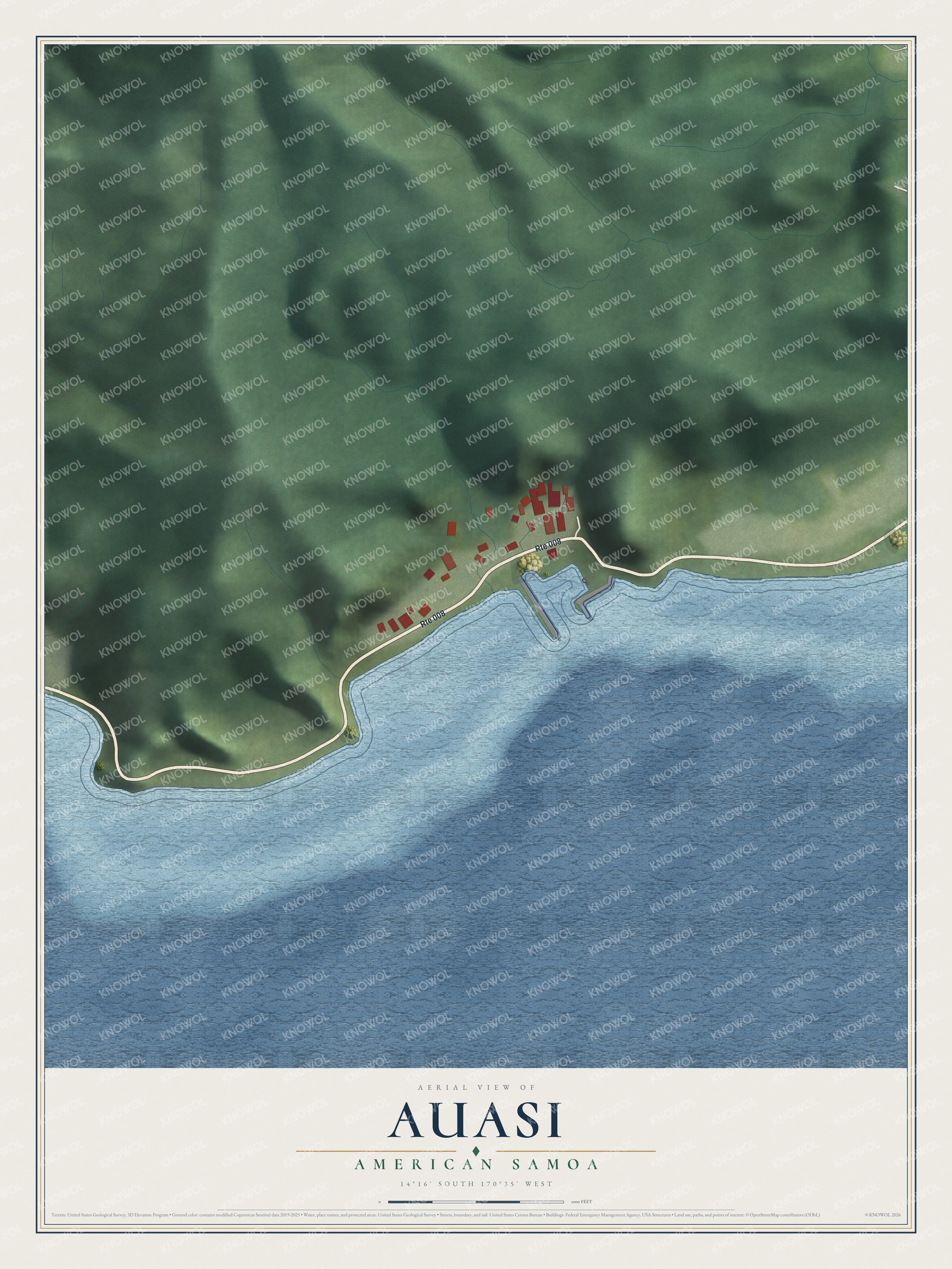 Full map of Auasi, American Samoa, with red buildings, printed street names and the land around them