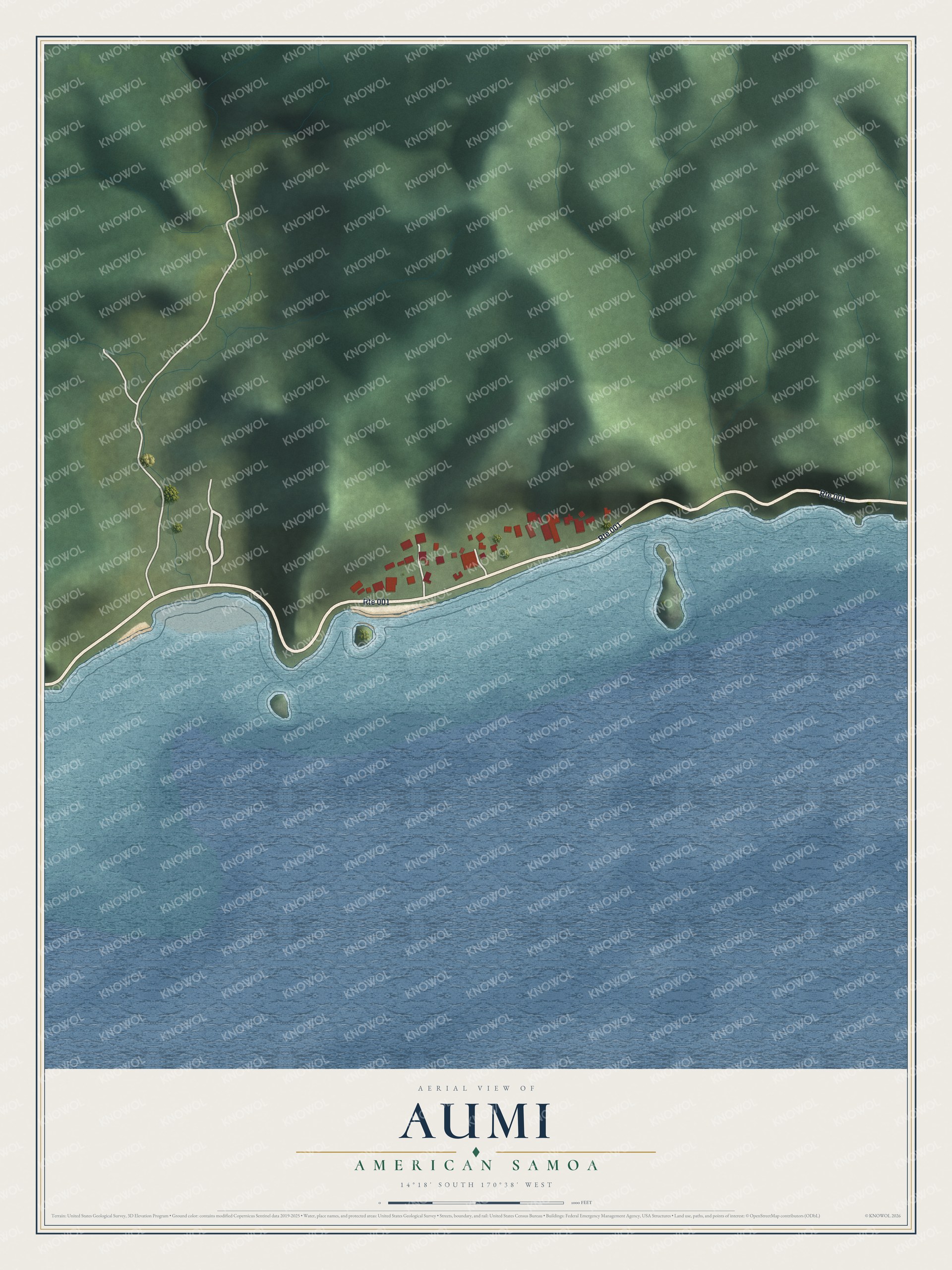 Full map of Aumi, American Samoa, with red buildings, printed street names and the land around them