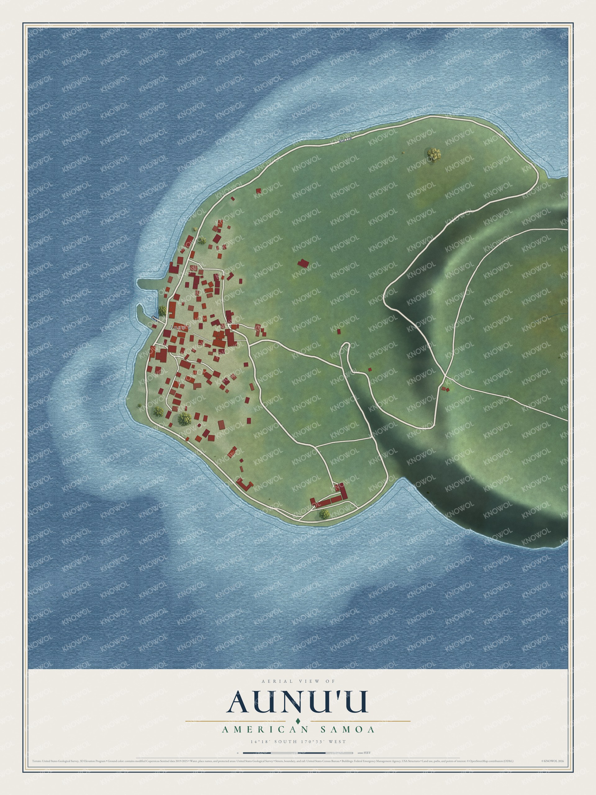 Full map of Aunu'u, American Samoa, with red buildings, printed street names and the land around them