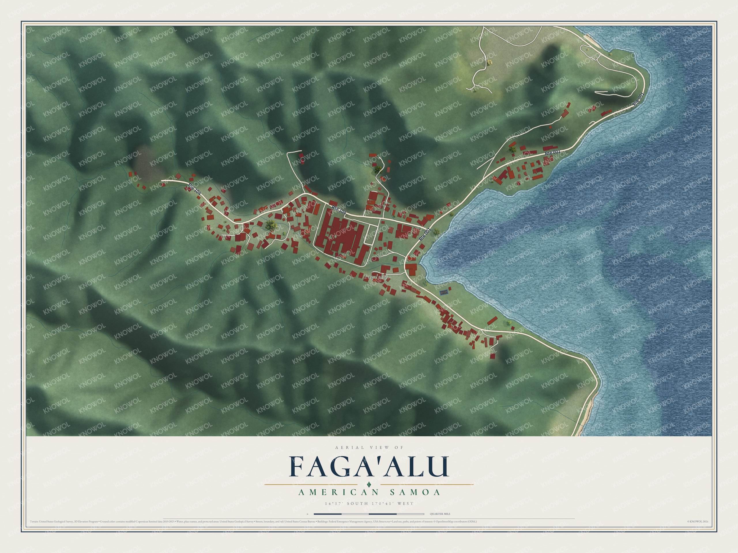 Full map of Faga'alu, American Samoa, with red buildings, printed street names and the land around them