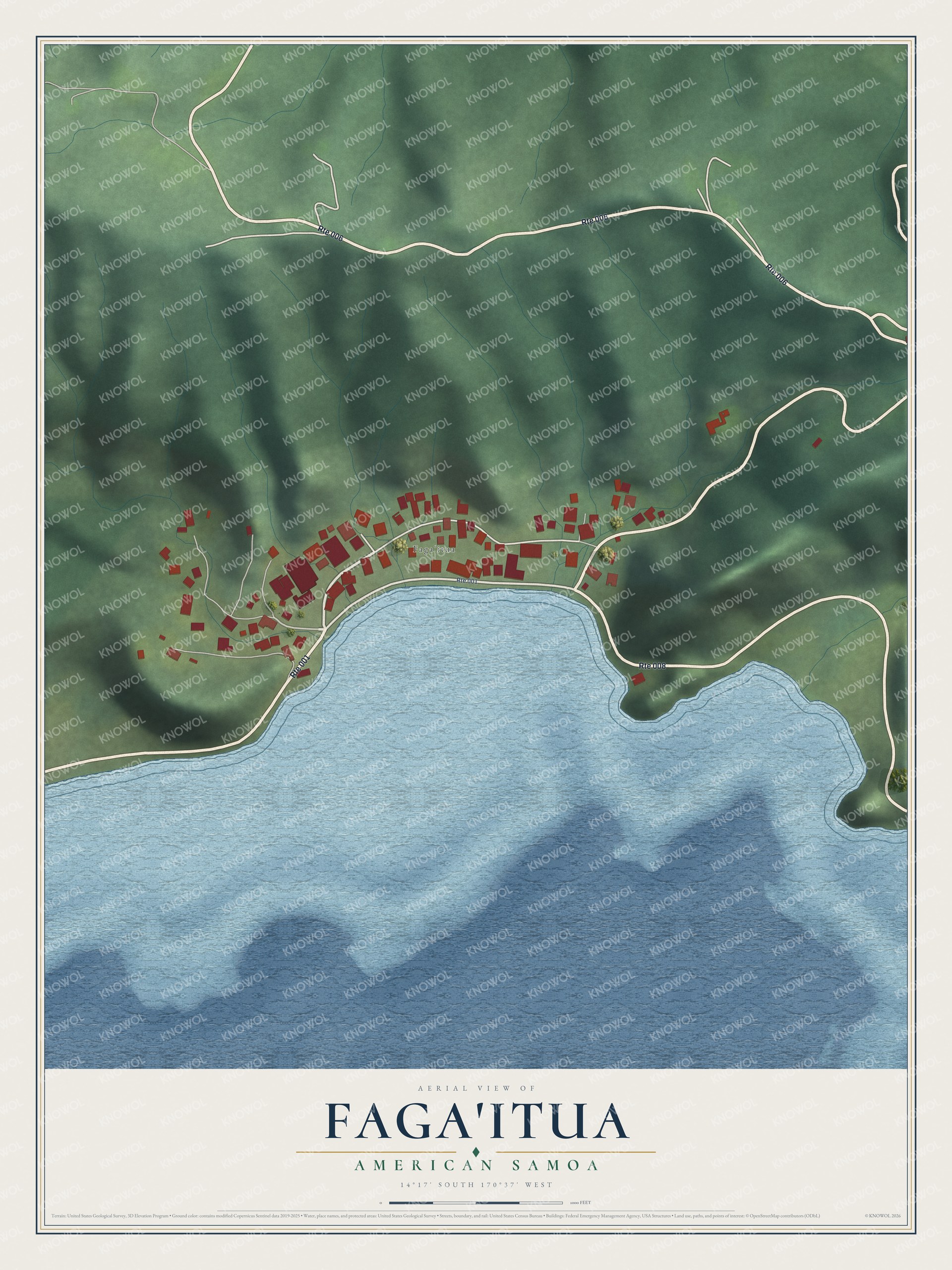 Full map of Faga'itua, American Samoa, with red buildings, printed street names and the land around them