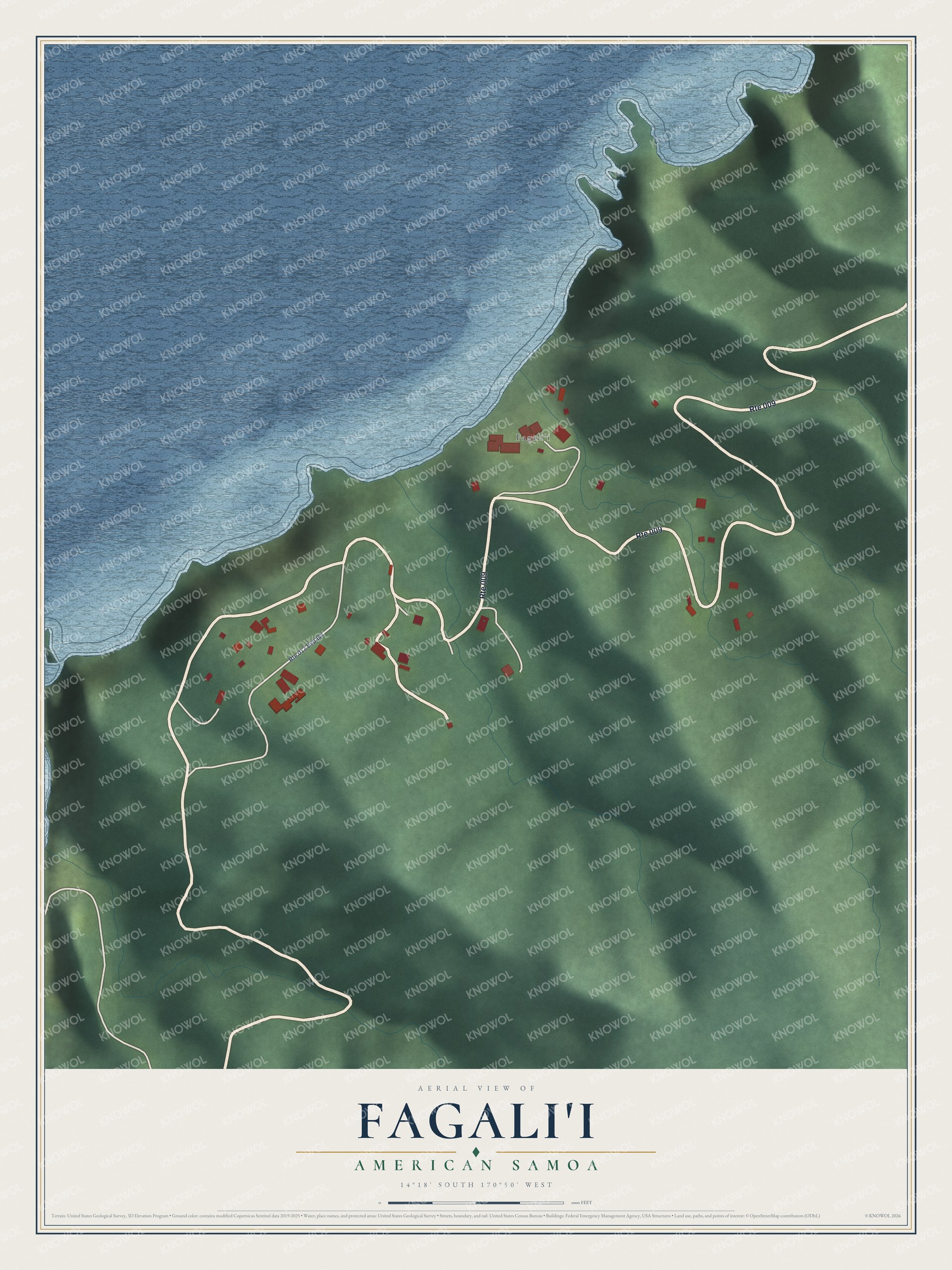 Full map of Fagali'i, American Samoa, with red buildings, printed street names and the land around them