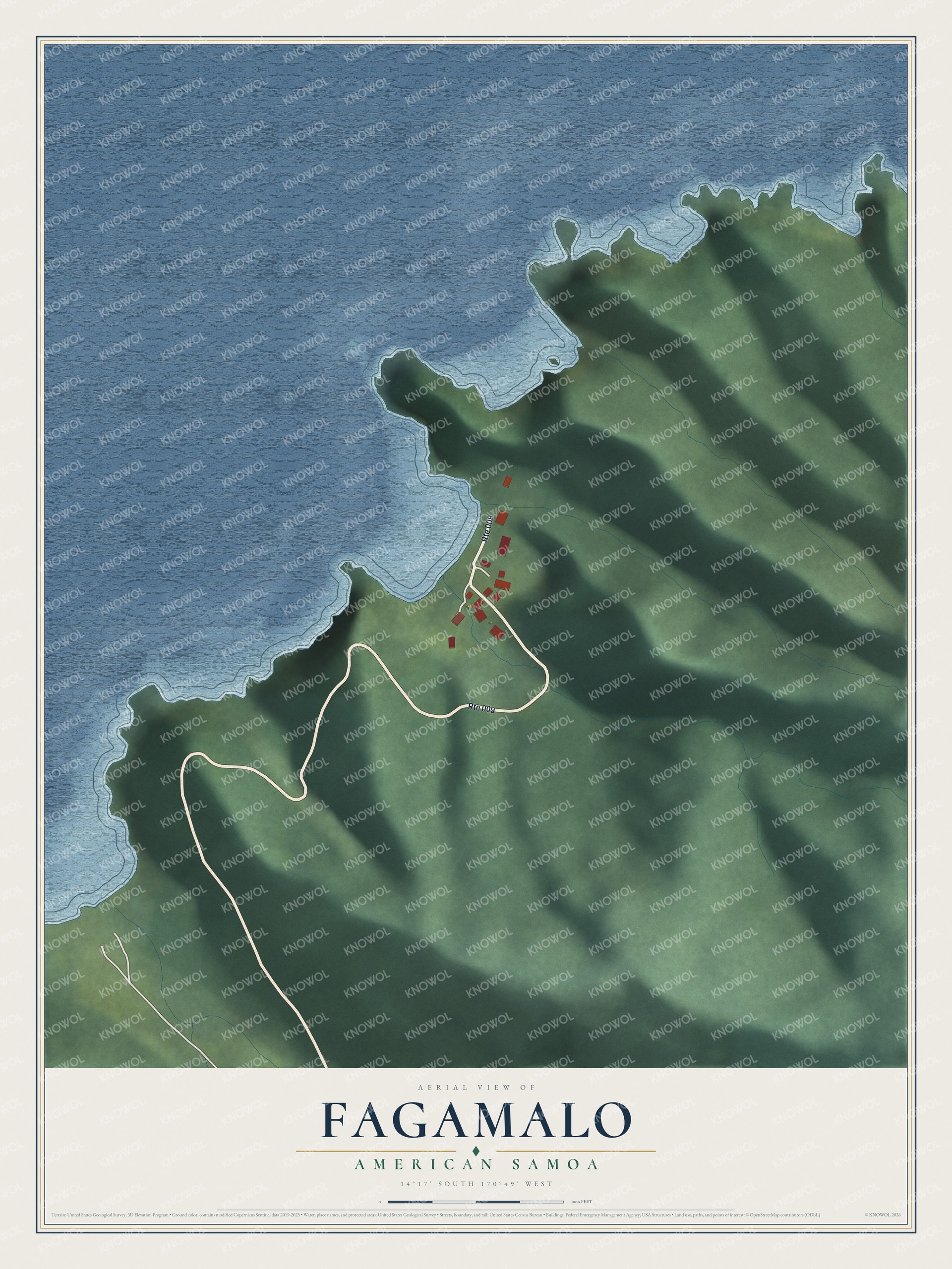 Full map of Fagamalo, American Samoa, with red buildings, printed street names and the land around them