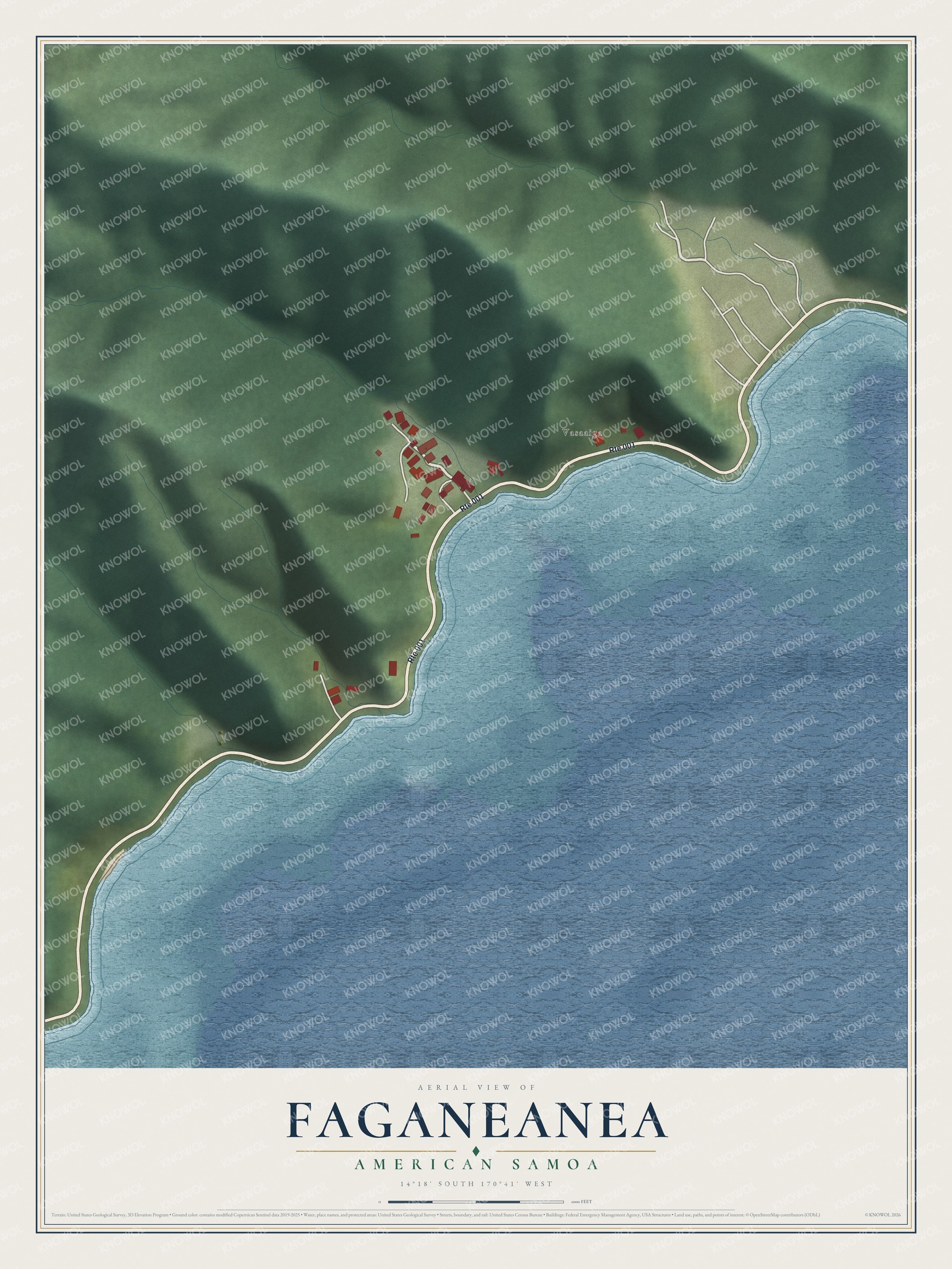 Full map of Faganeanea, American Samoa, with red buildings, printed street names and the land around them