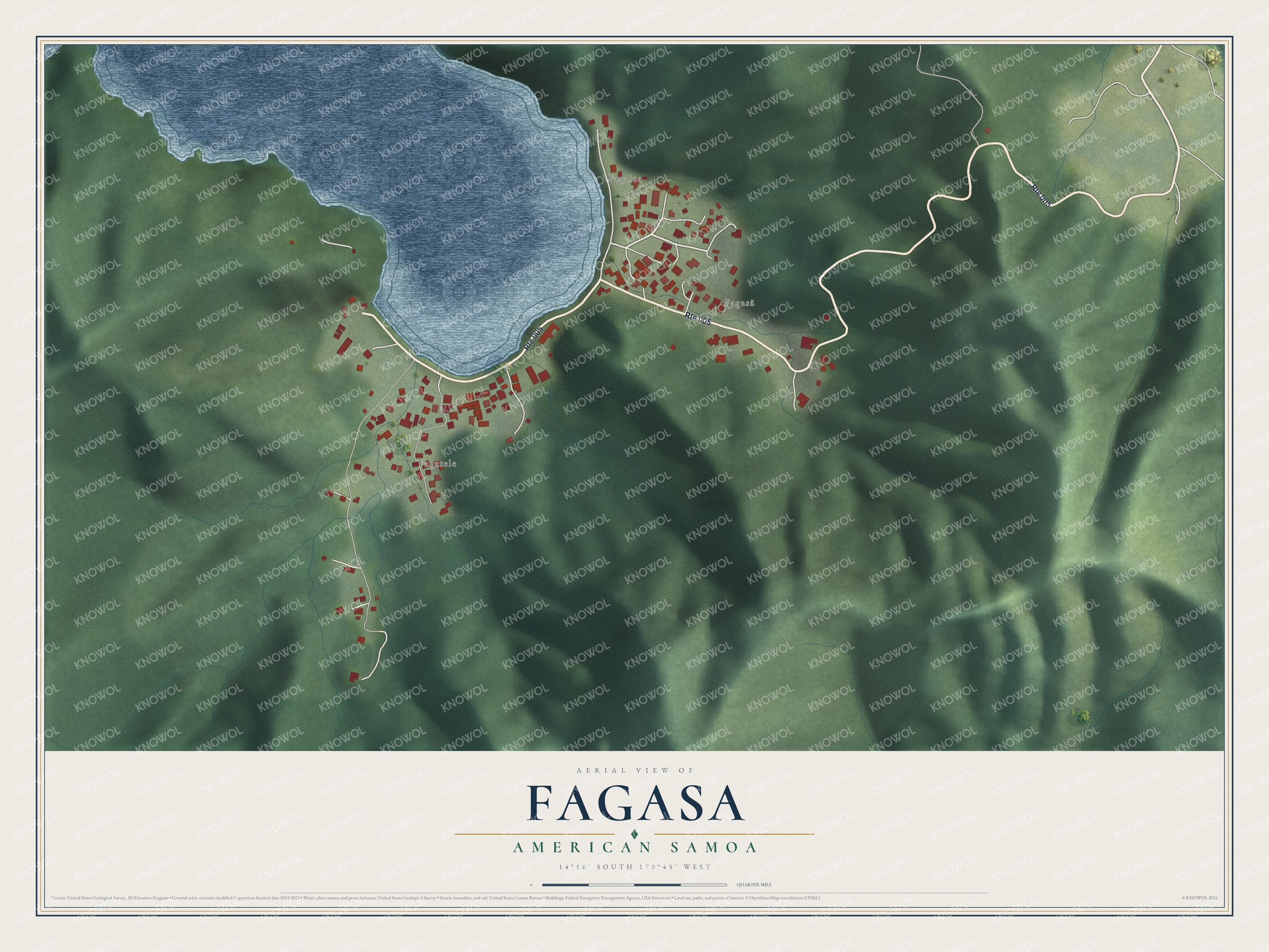 Full map of Fagasa, American Samoa, with red buildings, printed street names and the land around them