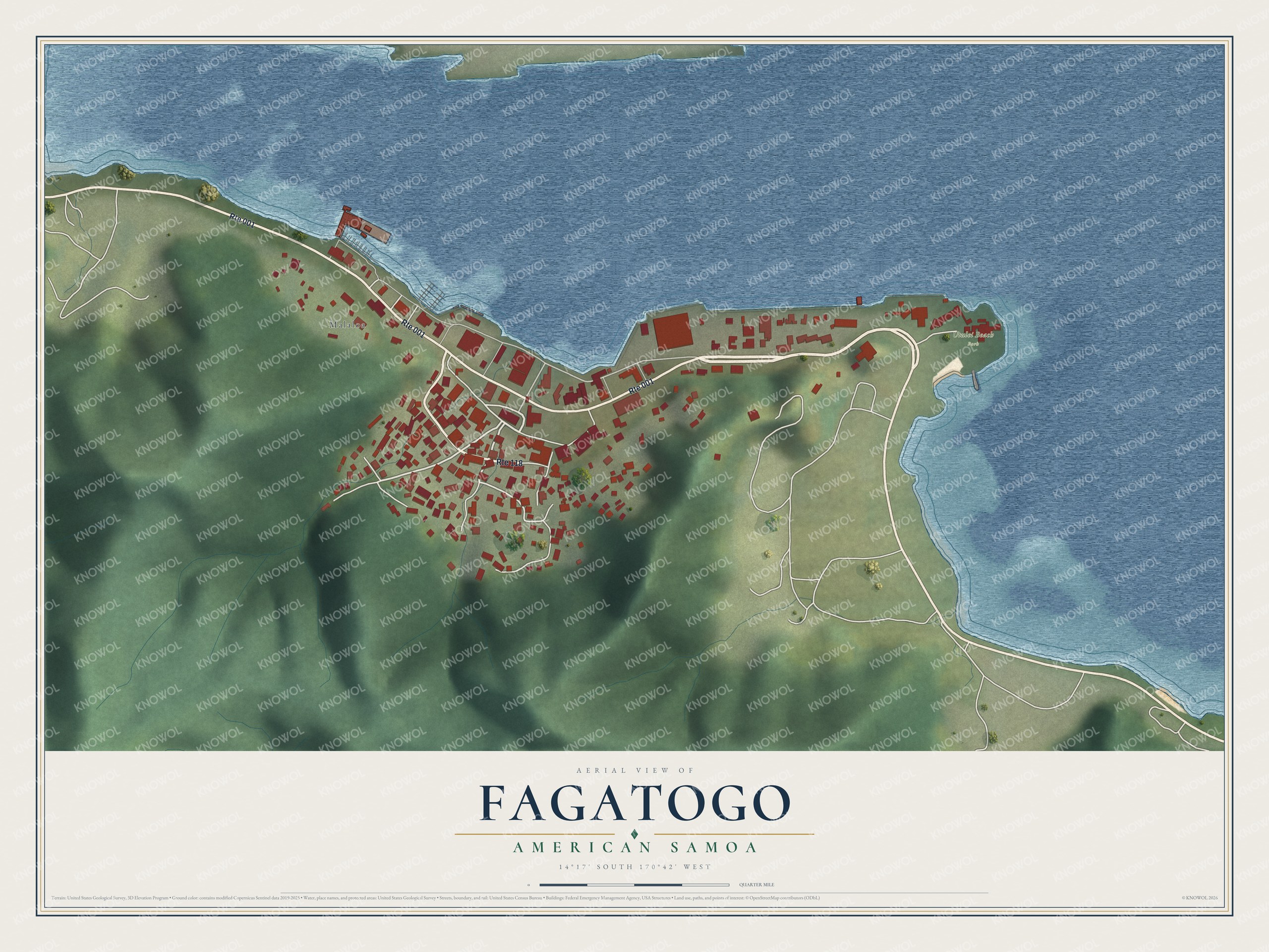 Full map of Fagatogo, American Samoa, with red buildings, printed street names and the land around them