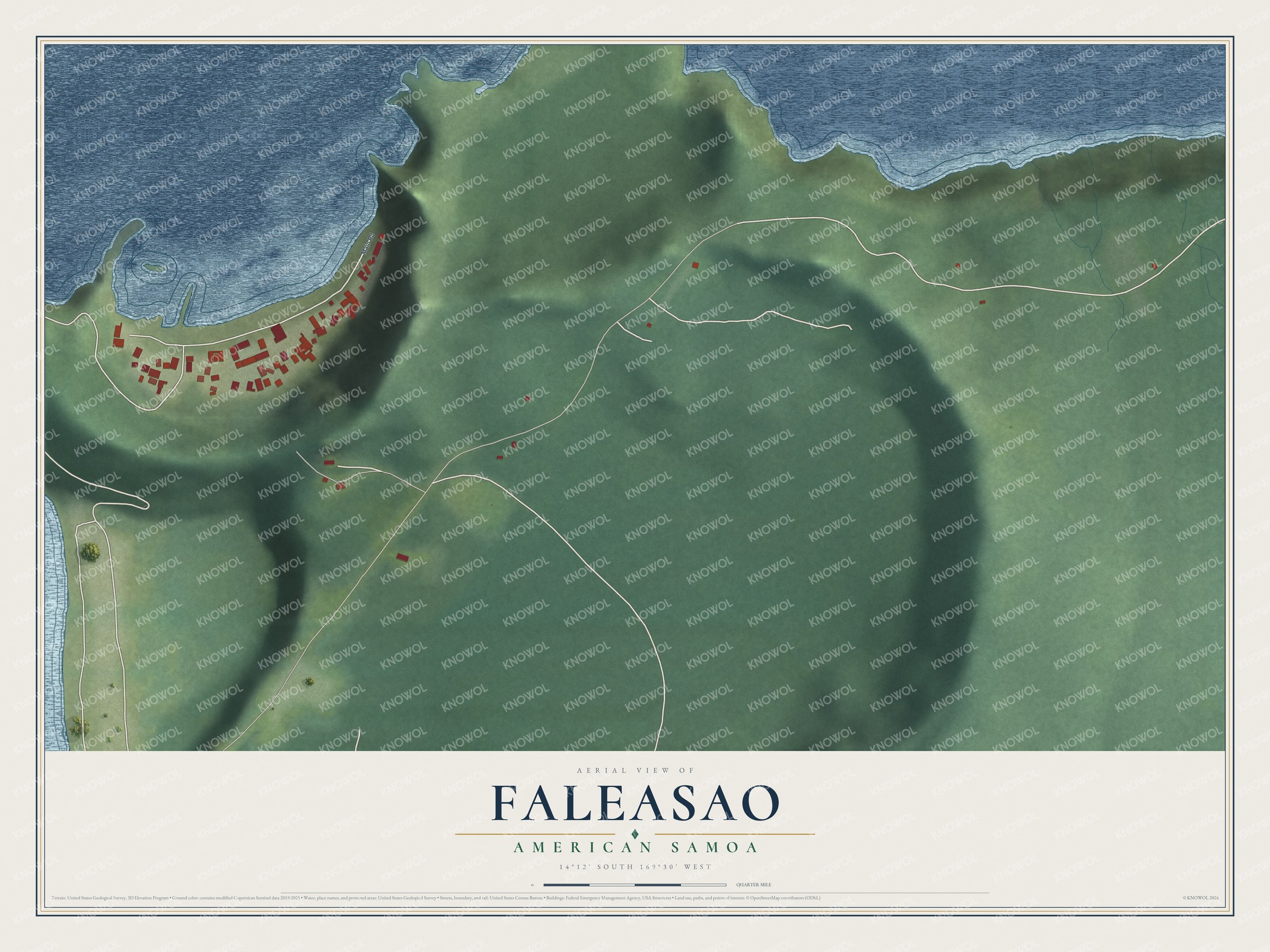 Full map of Faleasao, American Samoa, with red buildings, printed street names and the land around them