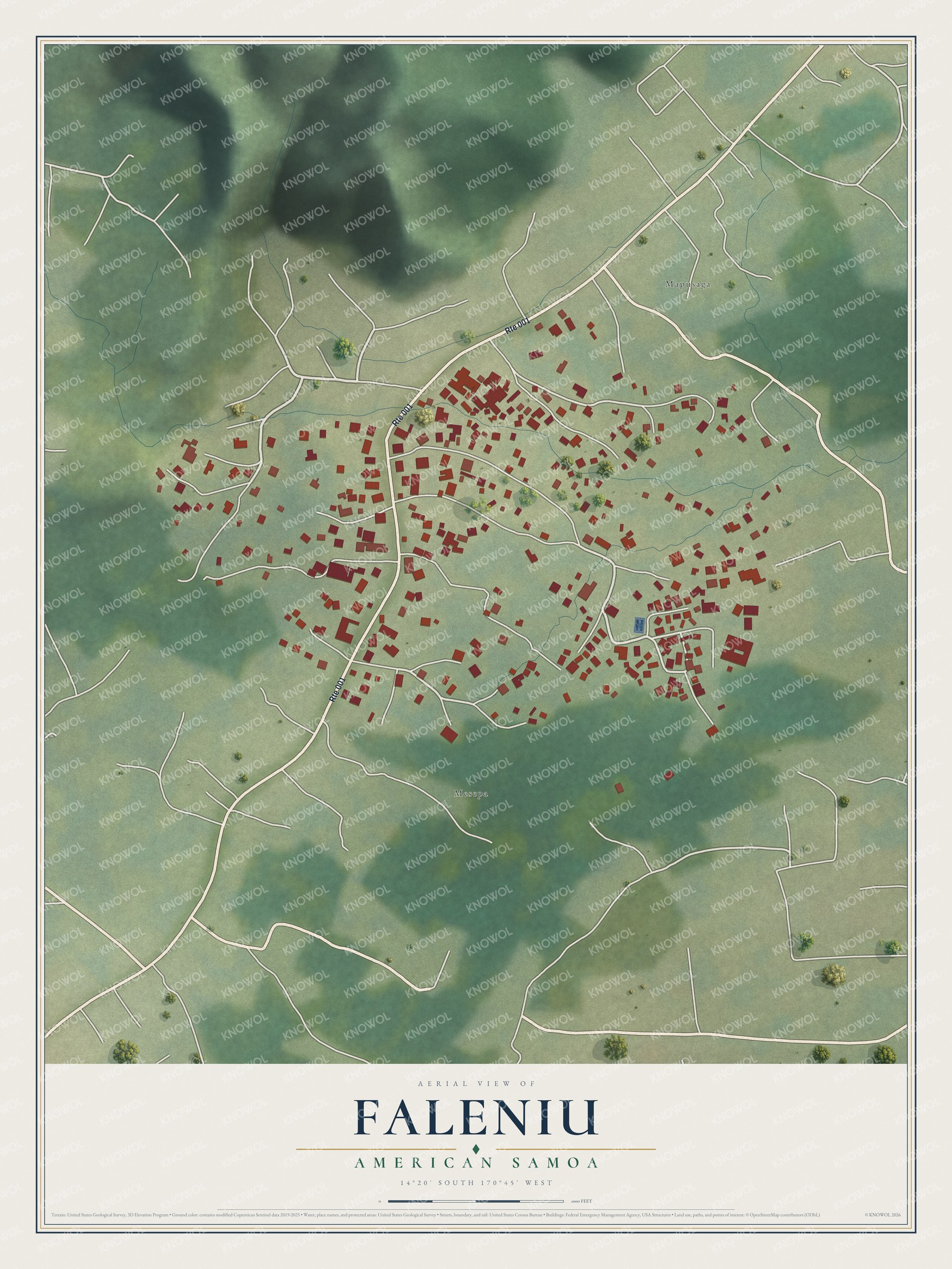 Full map of Faleniu, American Samoa, with red buildings, printed street names and the land around them