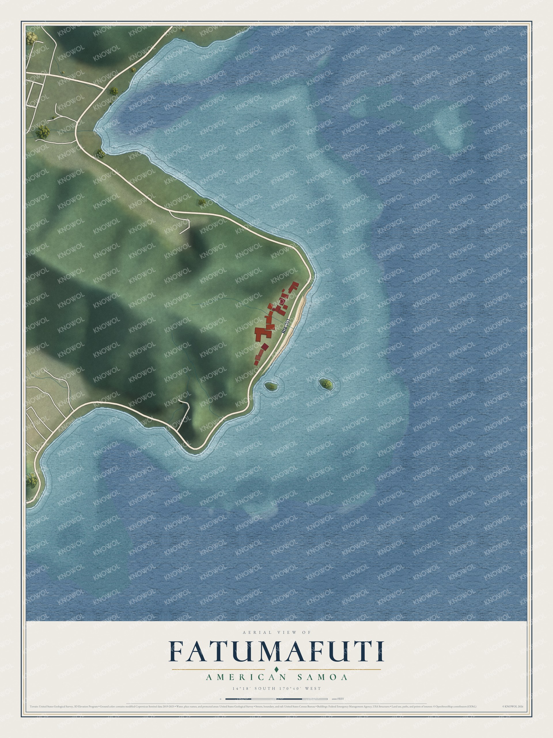 Full map of Fatumafuti, American Samoa, with red buildings, printed street names and the land around them