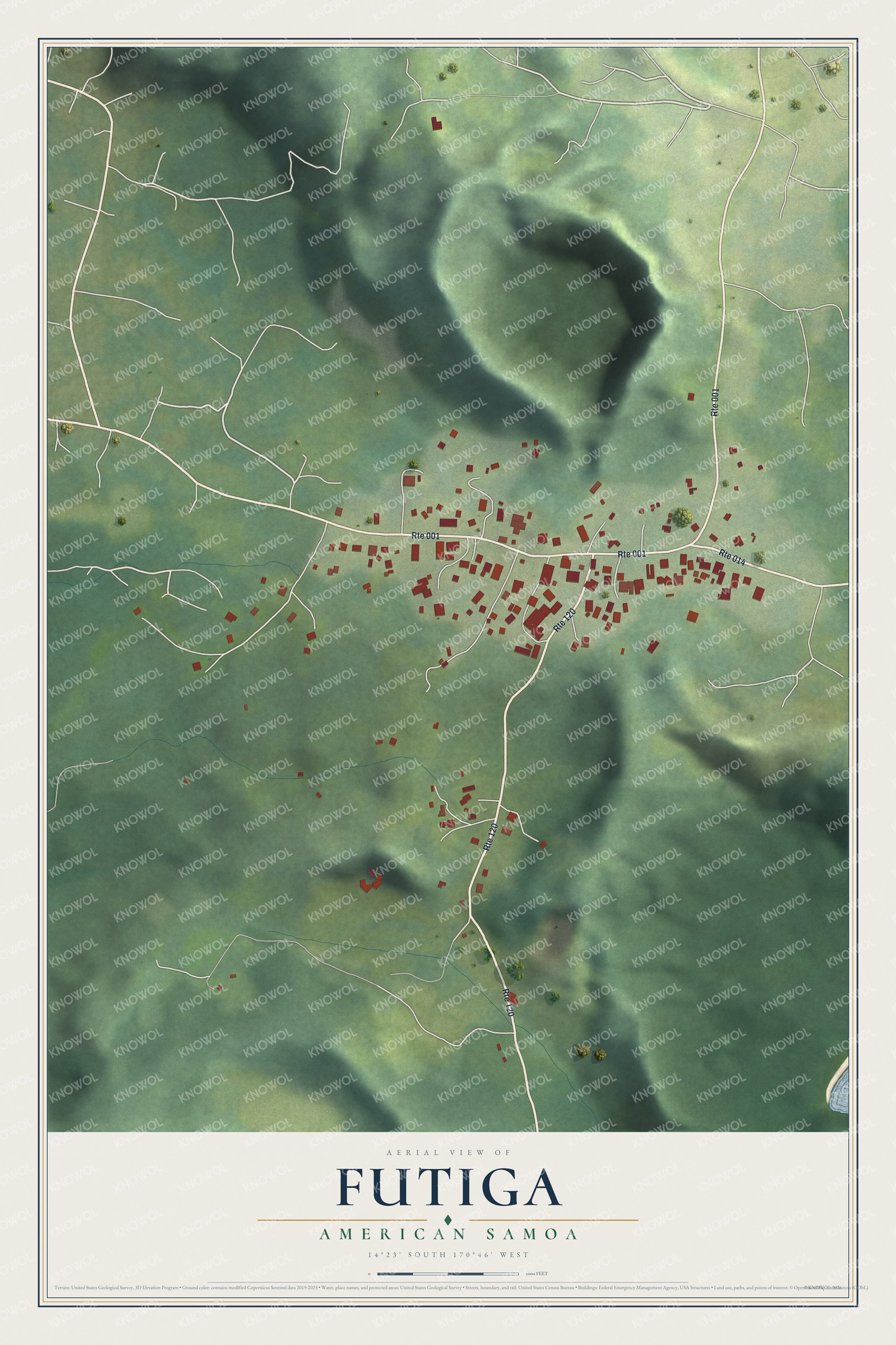 Full map of Futiga, American Samoa, with red buildings, printed street names and the land around them