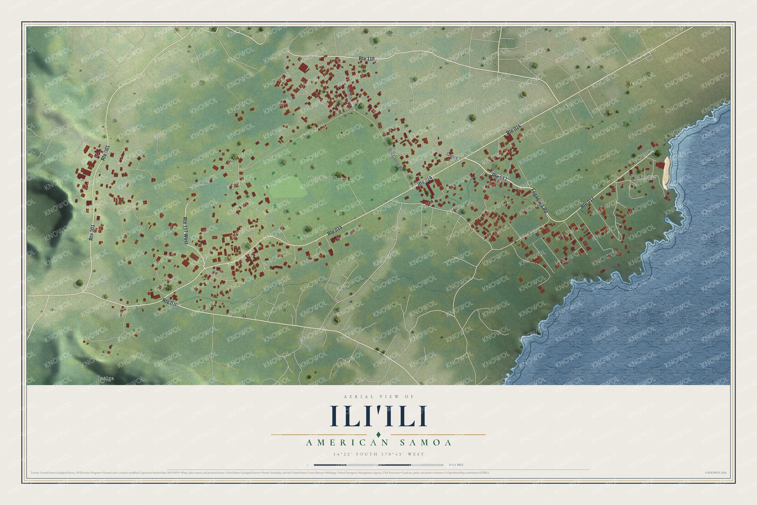 Full map of Ili'ili, American Samoa, with red buildings, printed street names and the land around them