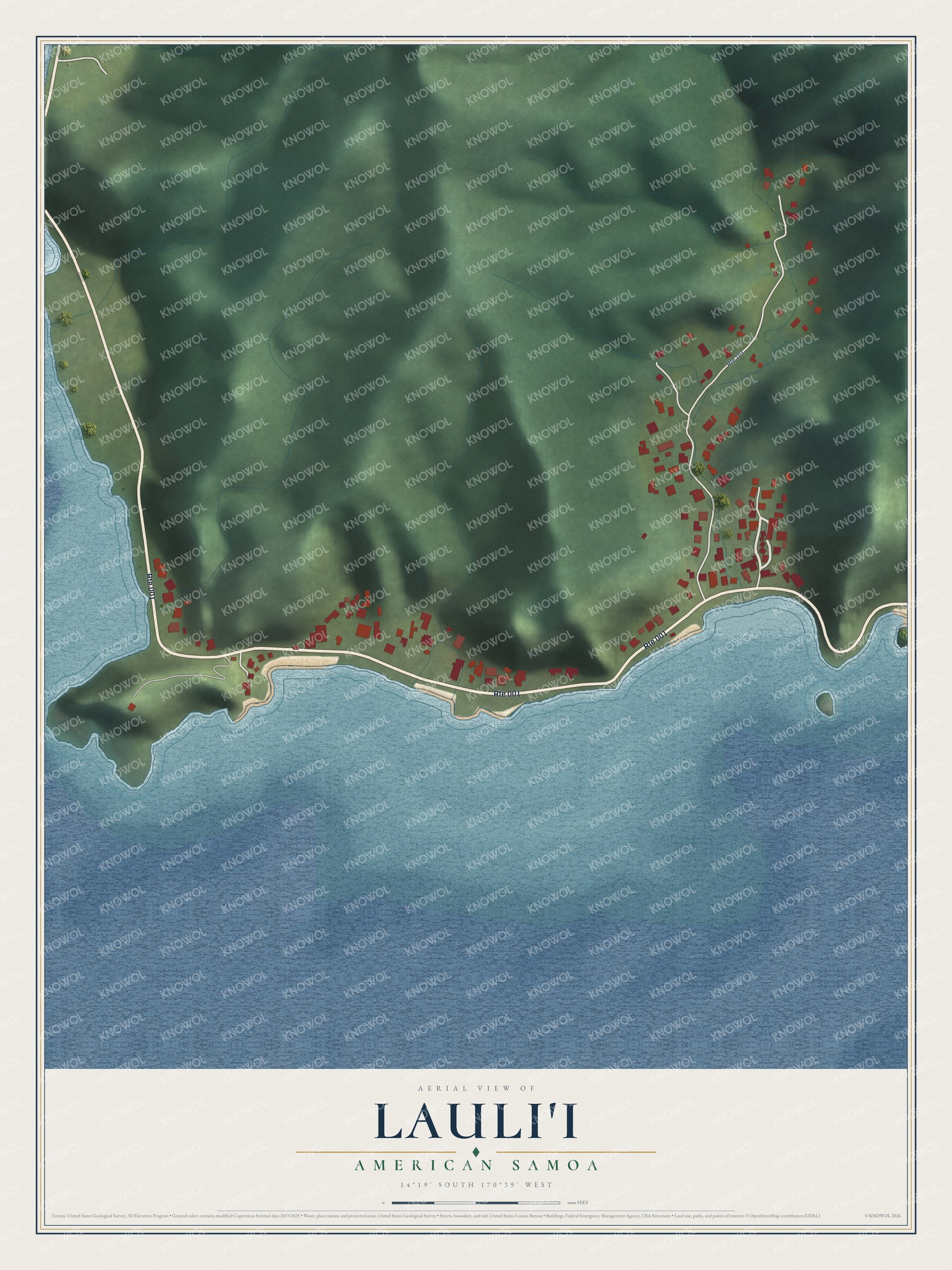 Full map of Lauli'i, American Samoa, with red buildings, printed street names and the land around them