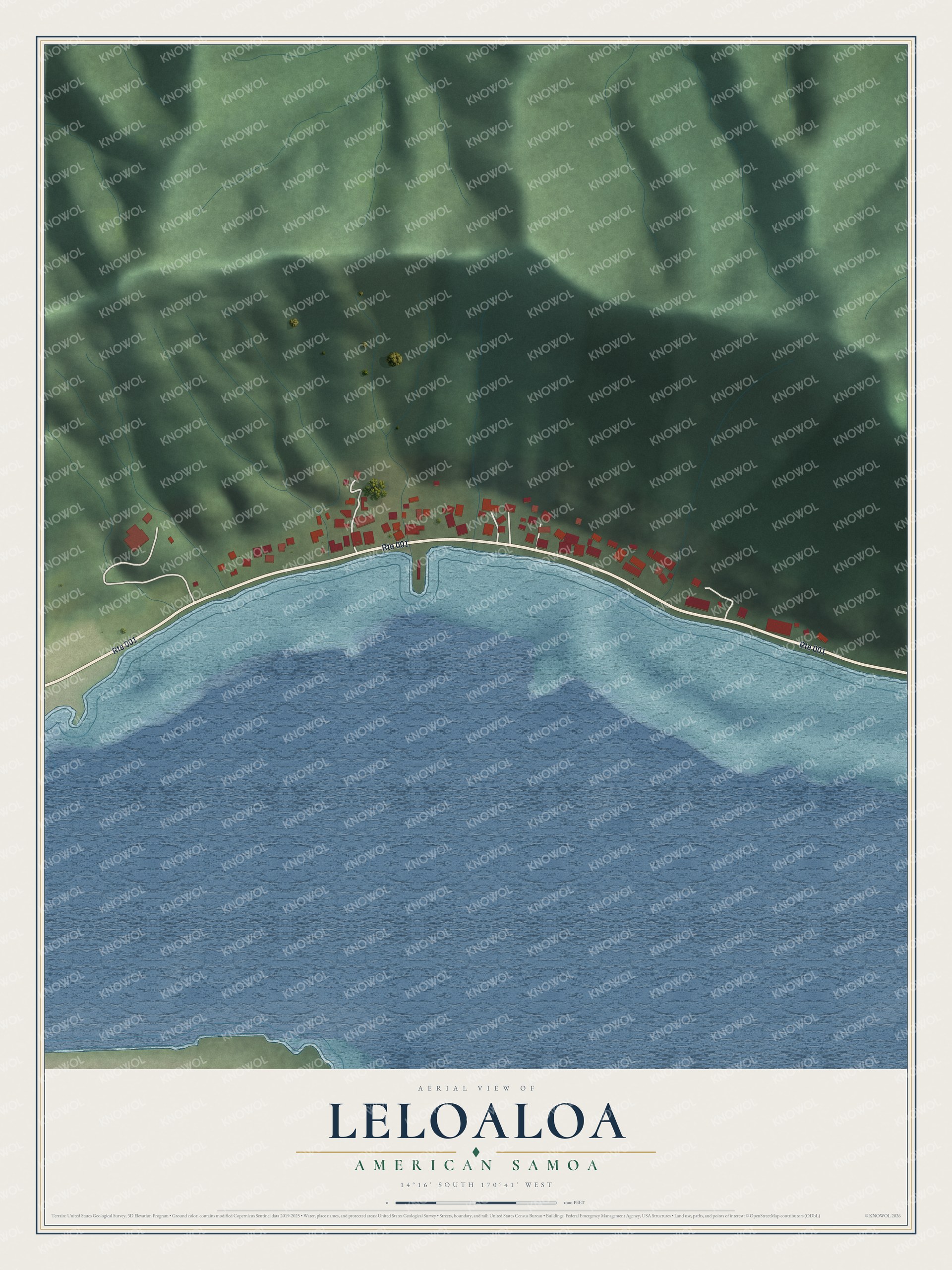 Full map of Leloaloa, American Samoa, with red buildings, printed street names and the land around them