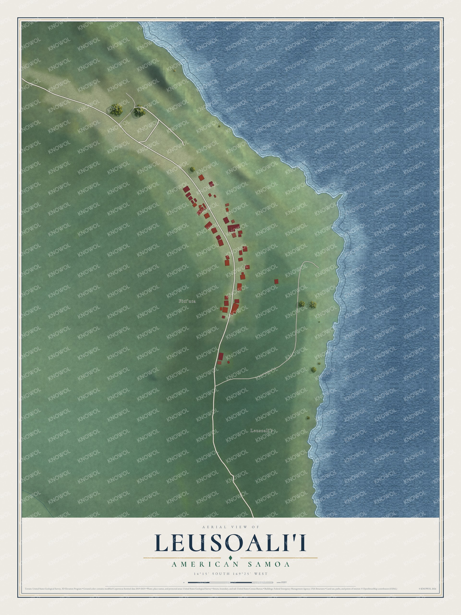 Full map of Leusoali'i, American Samoa, with red buildings, printed street names and the land around them