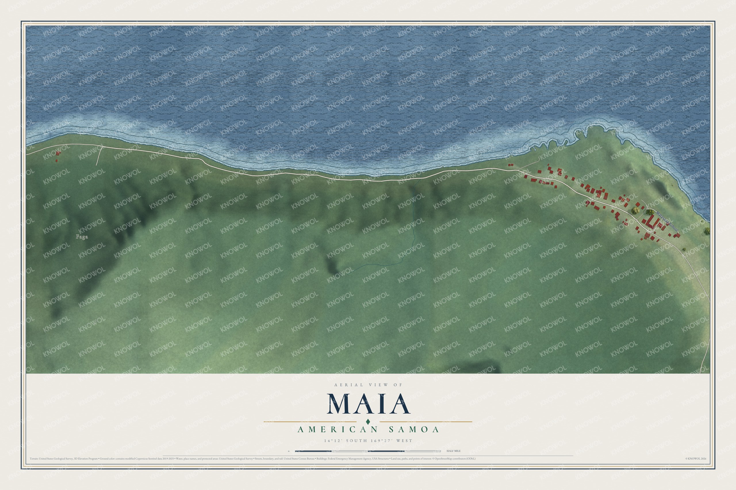 Full map of Maia, American Samoa, with red buildings, printed street names and the land around them