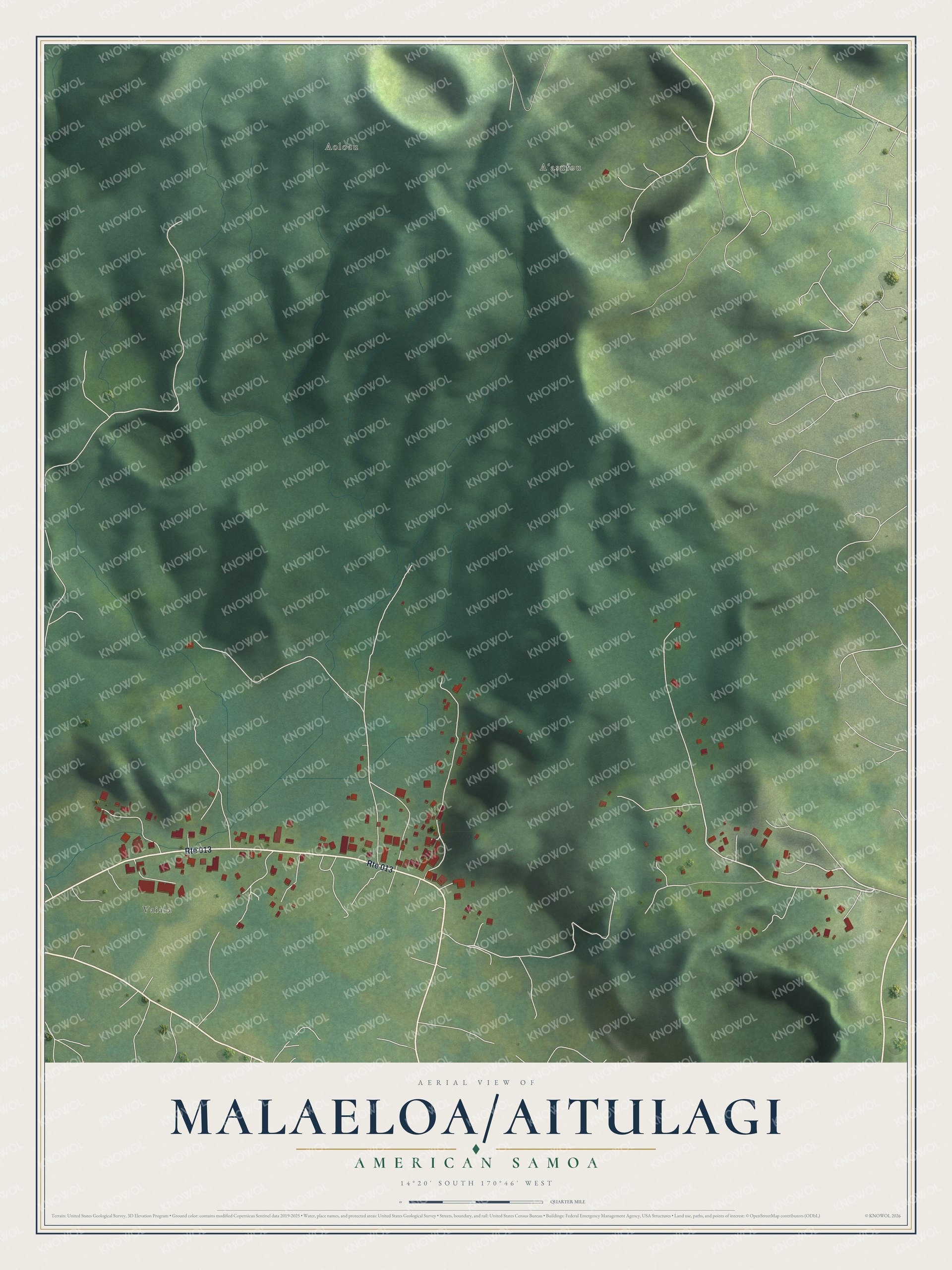 Full map of Malaeloa/Aitulagi, American Samoa, with red buildings, printed street names and the land around them