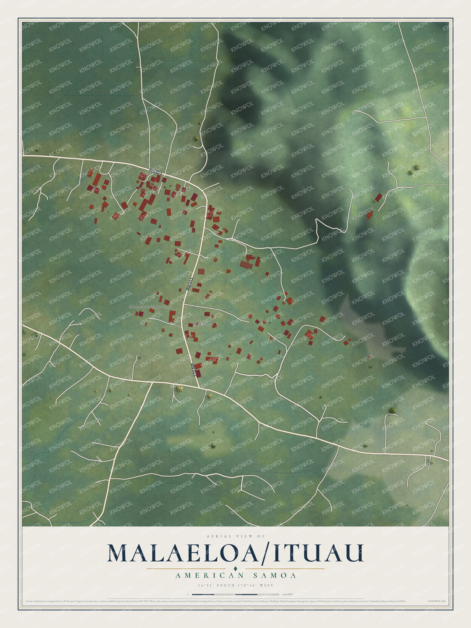 Full map of Malaeloa/Ituau, American Samoa, with red buildings, printed street names and the land around them