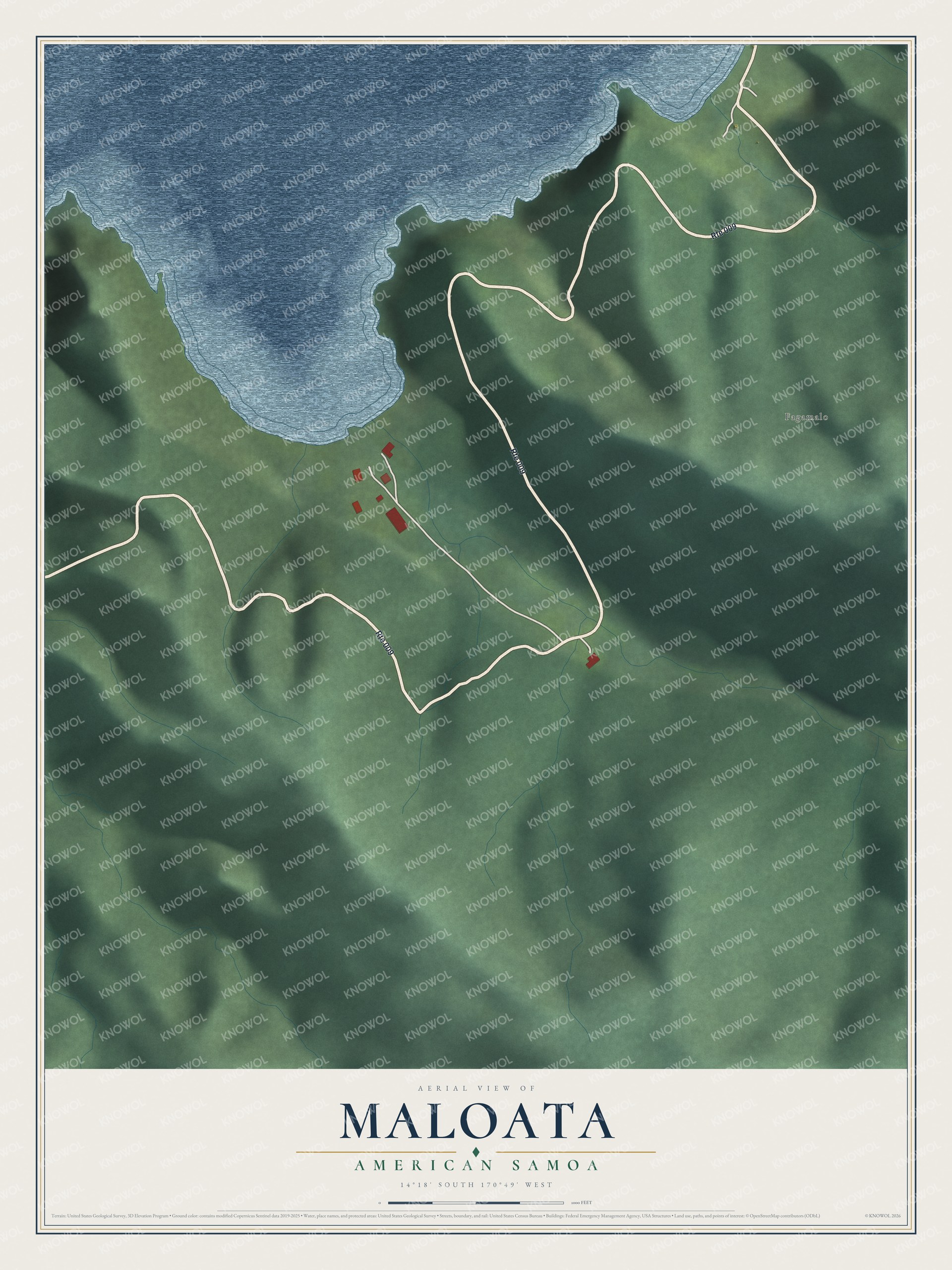 Full map of Maloata, American Samoa, with red buildings, printed street names and the land around them