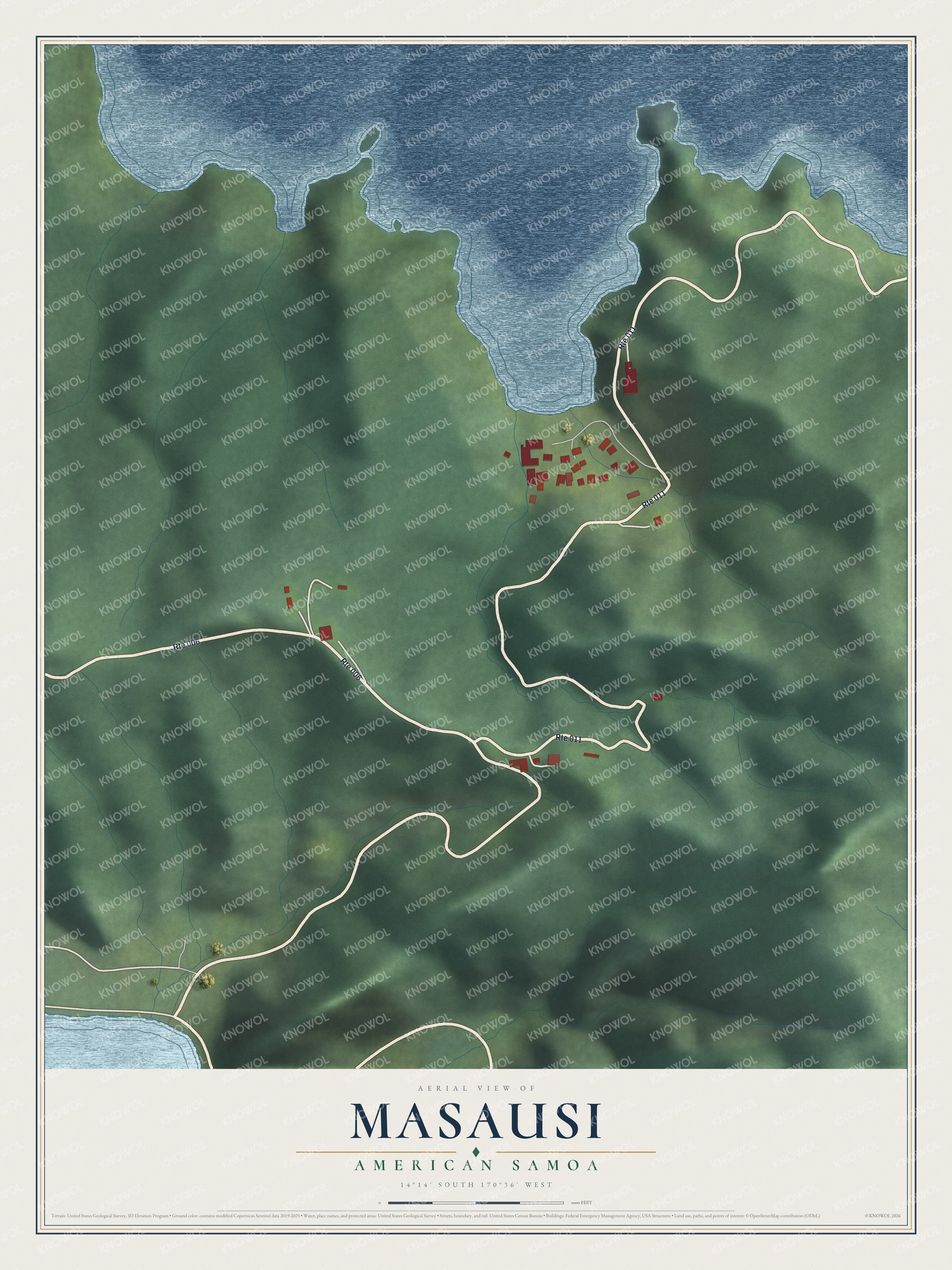 Full map of Masausi, American Samoa, with red buildings, printed street names and the land around them