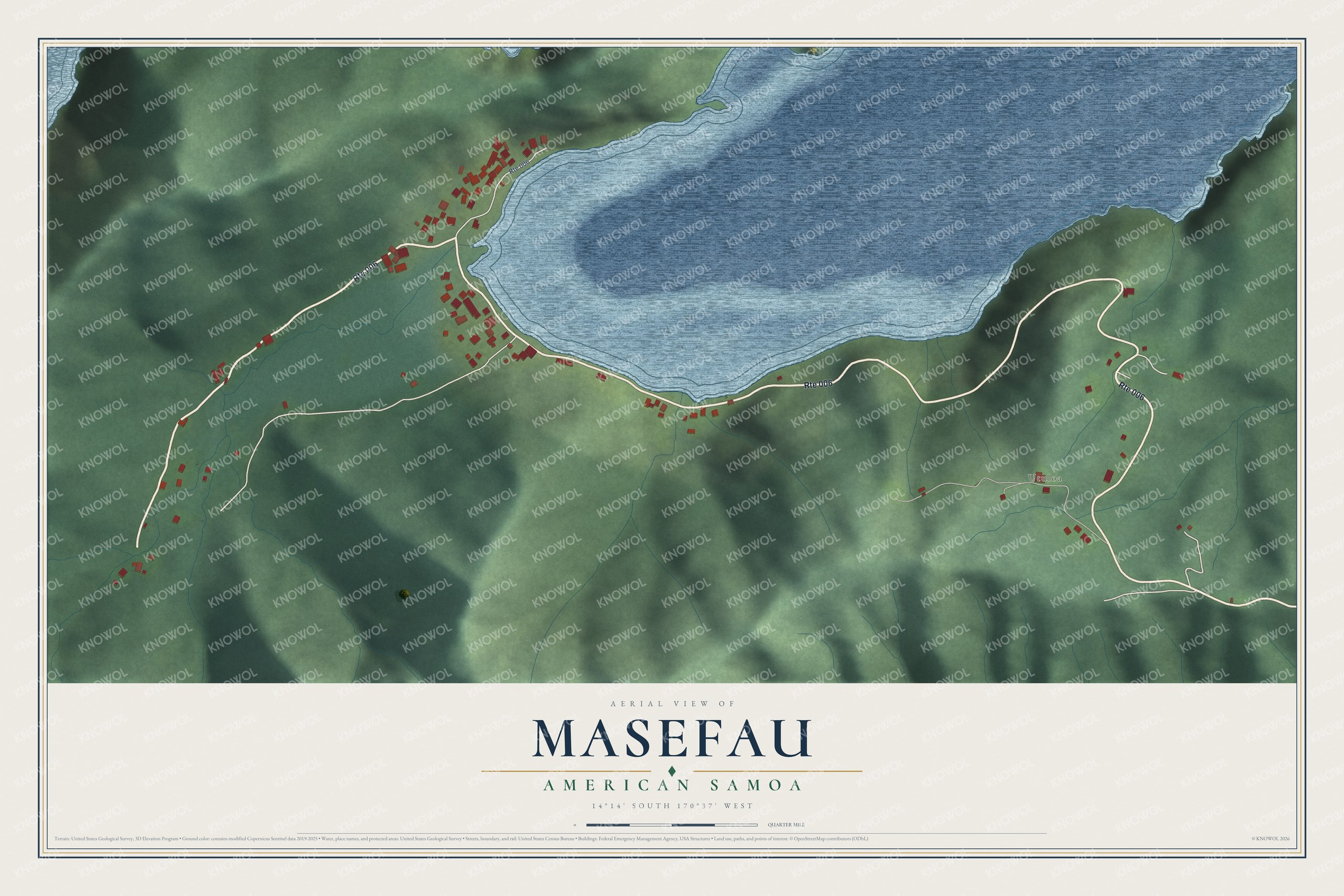 Full map of Masefau, American Samoa, with red buildings, printed street names and the land around them