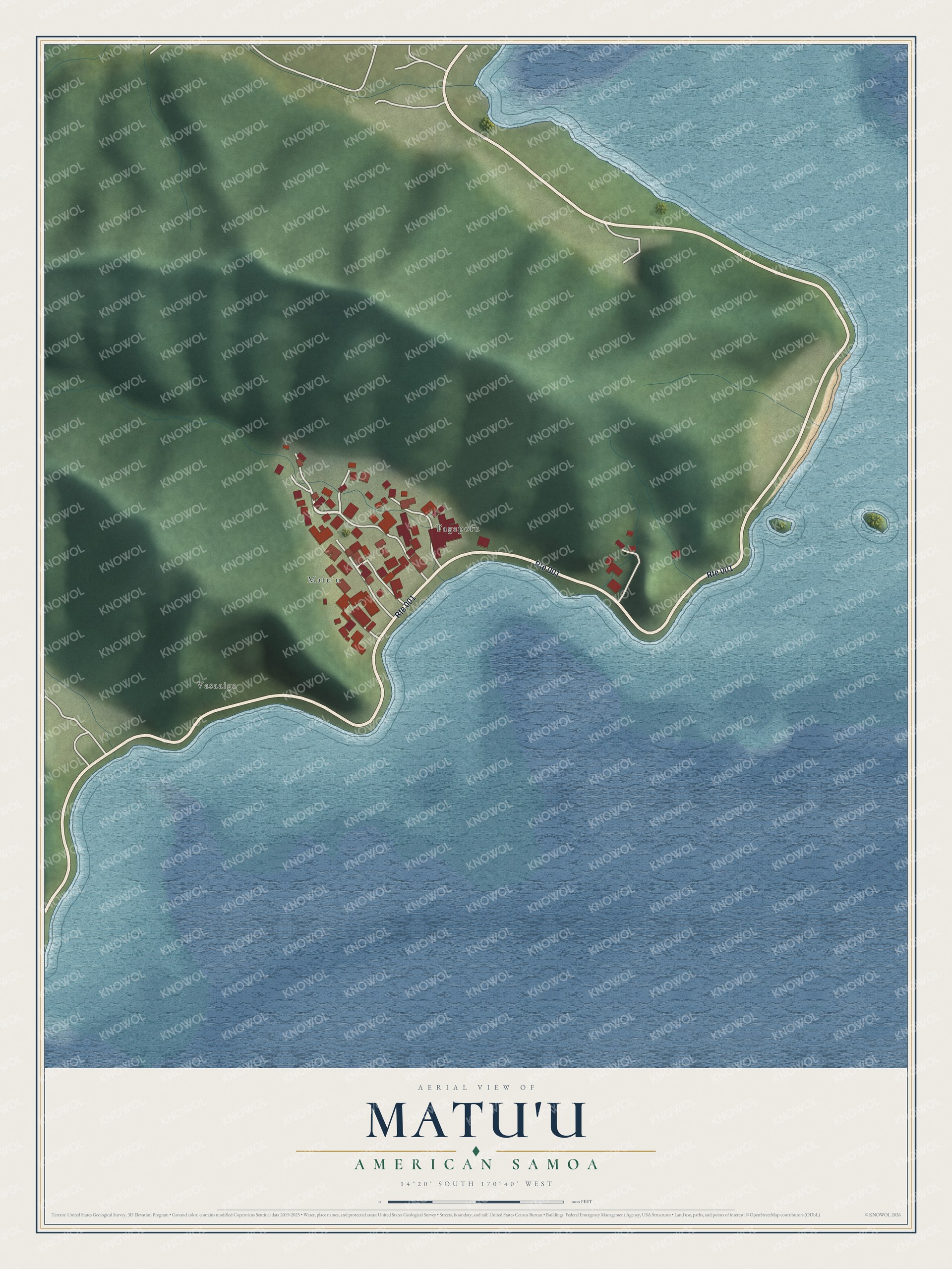 Full map of Matu'u, American Samoa, with red buildings, printed street names and the land around them