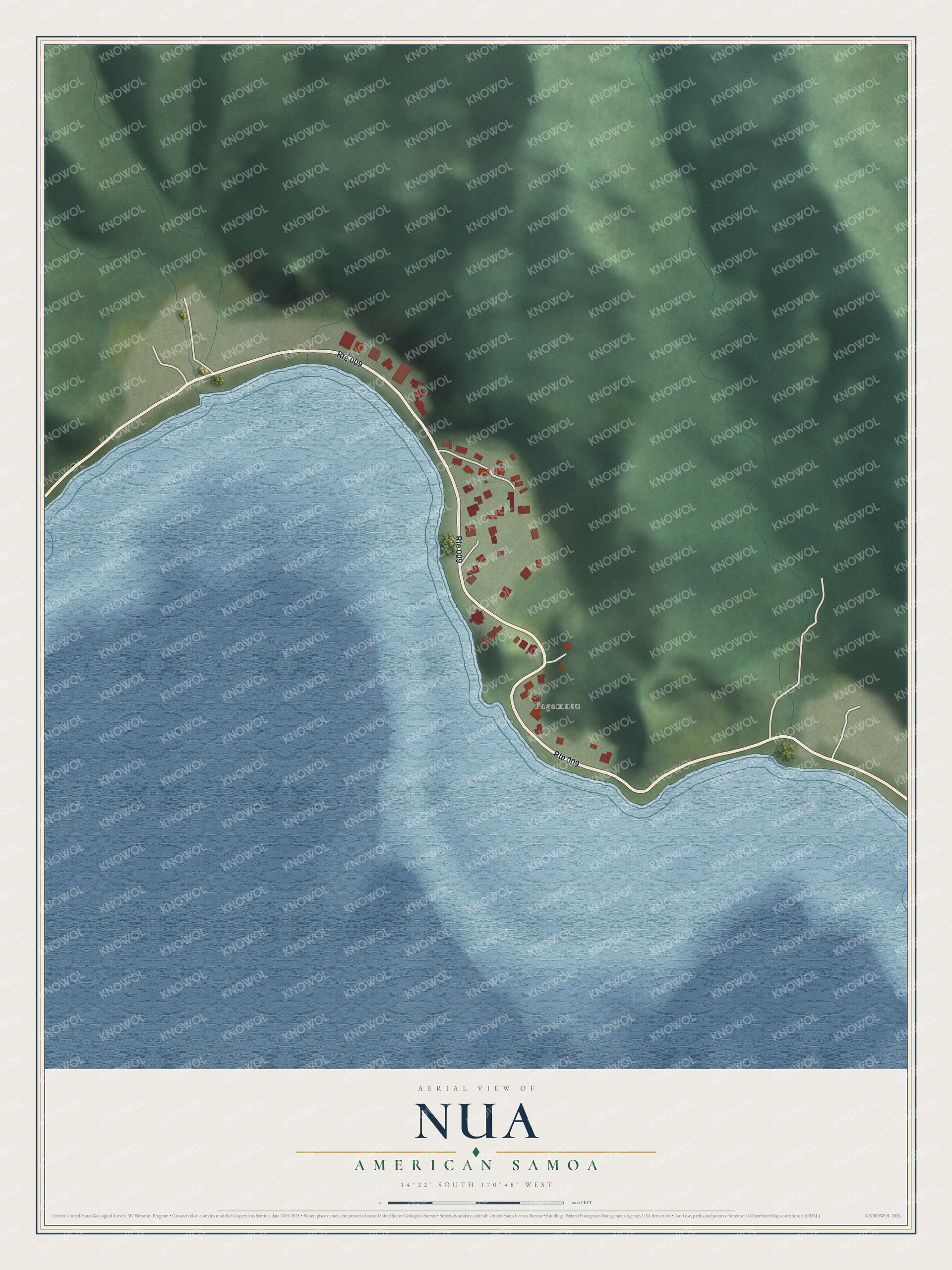 Full map of Nua, American Samoa, with red buildings, printed street names and the land around them