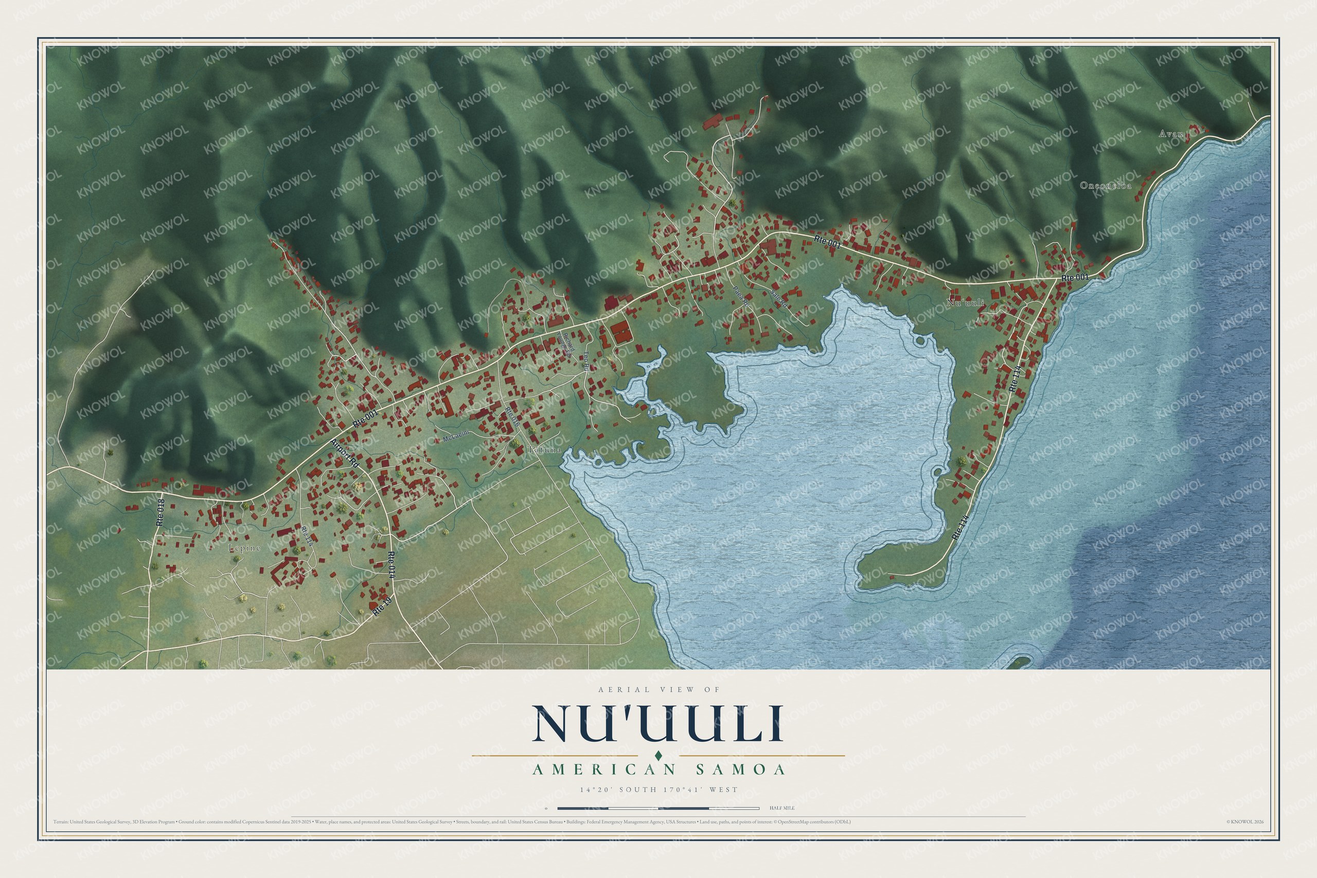 Full map of Nu'uuli, American Samoa, with red buildings, printed street names and the land around them