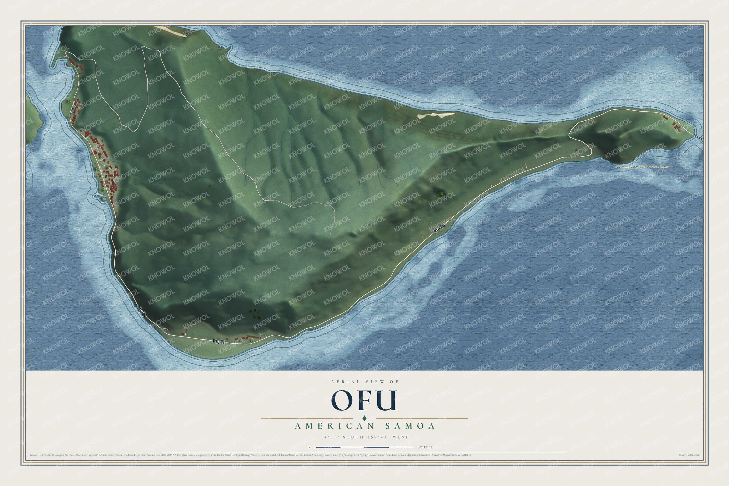 Full map of Ofu, American Samoa, with red buildings, printed street names and the land around them