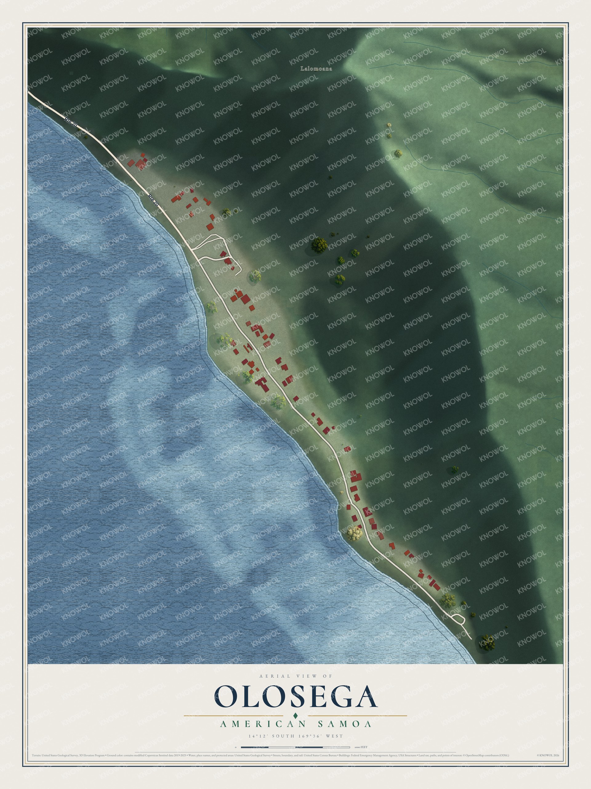 Full map of Olosega, American Samoa, with red buildings, printed street names and the land around them