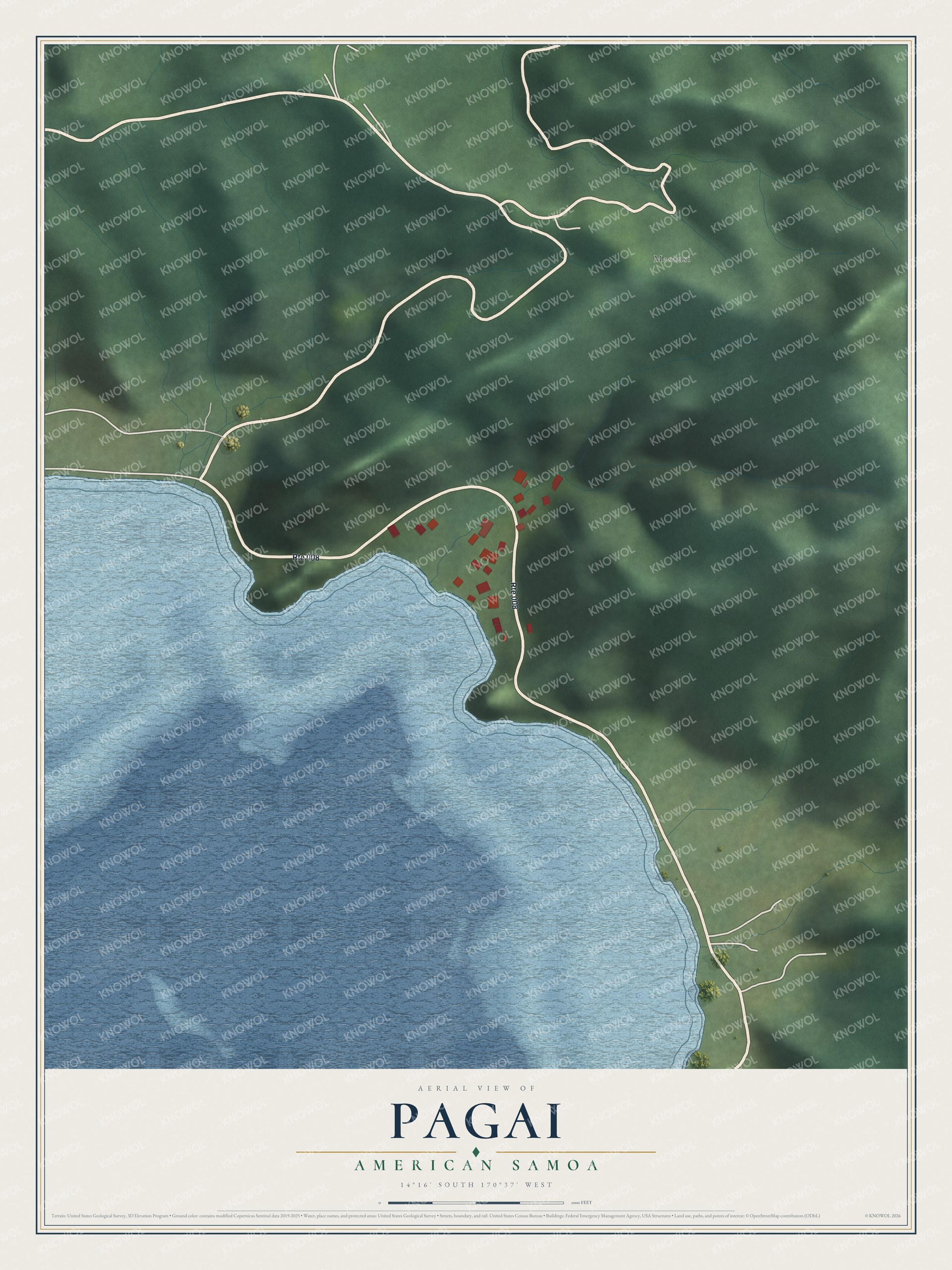 Full map of Pagai, American Samoa, with red buildings, printed street names and the land around them