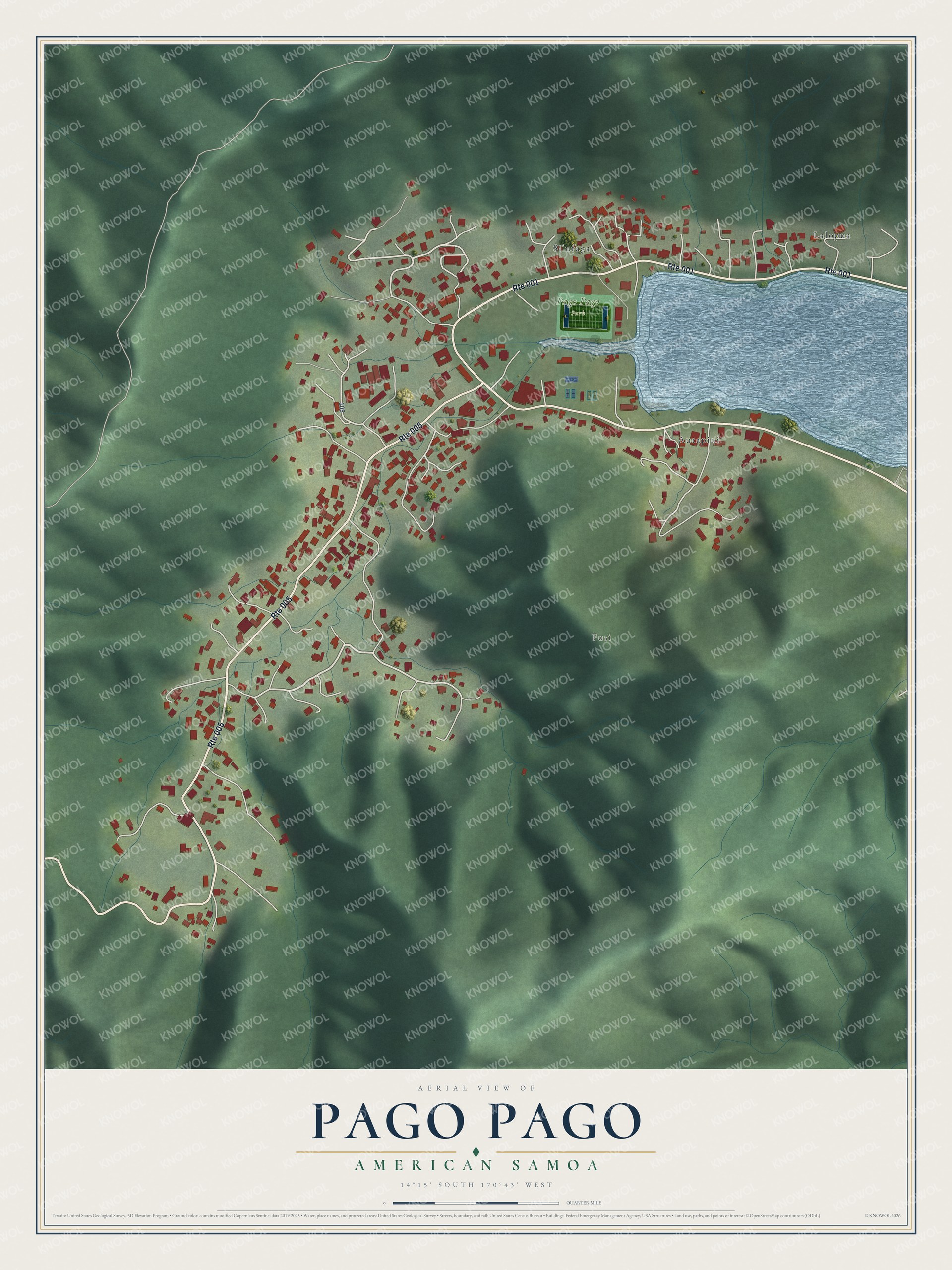 Full map of Pago Pago, American Samoa, with red buildings, printed street names and the land around them