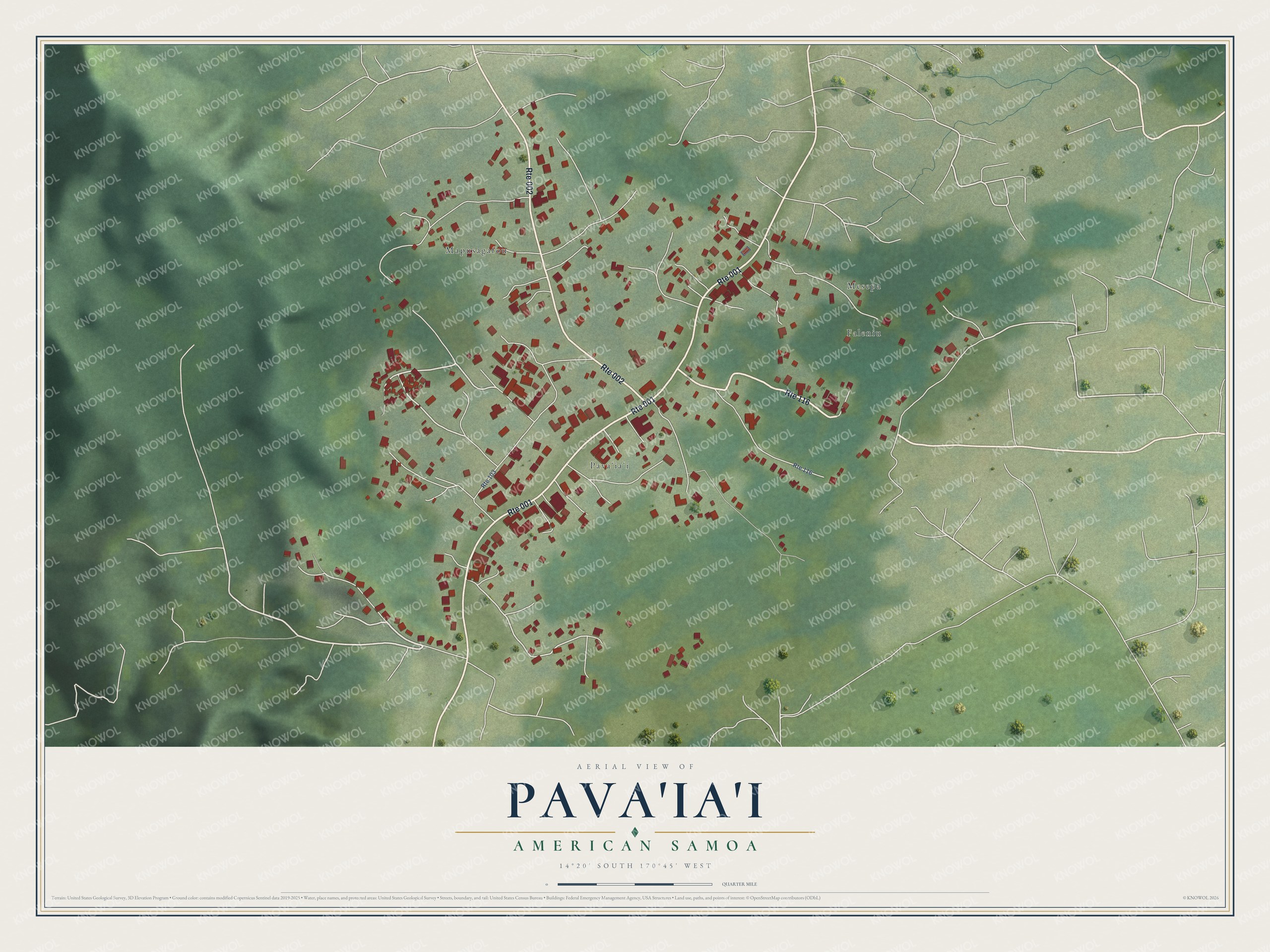 Full map of Pava'ia'i, American Samoa, with red buildings, printed street names and the land around them