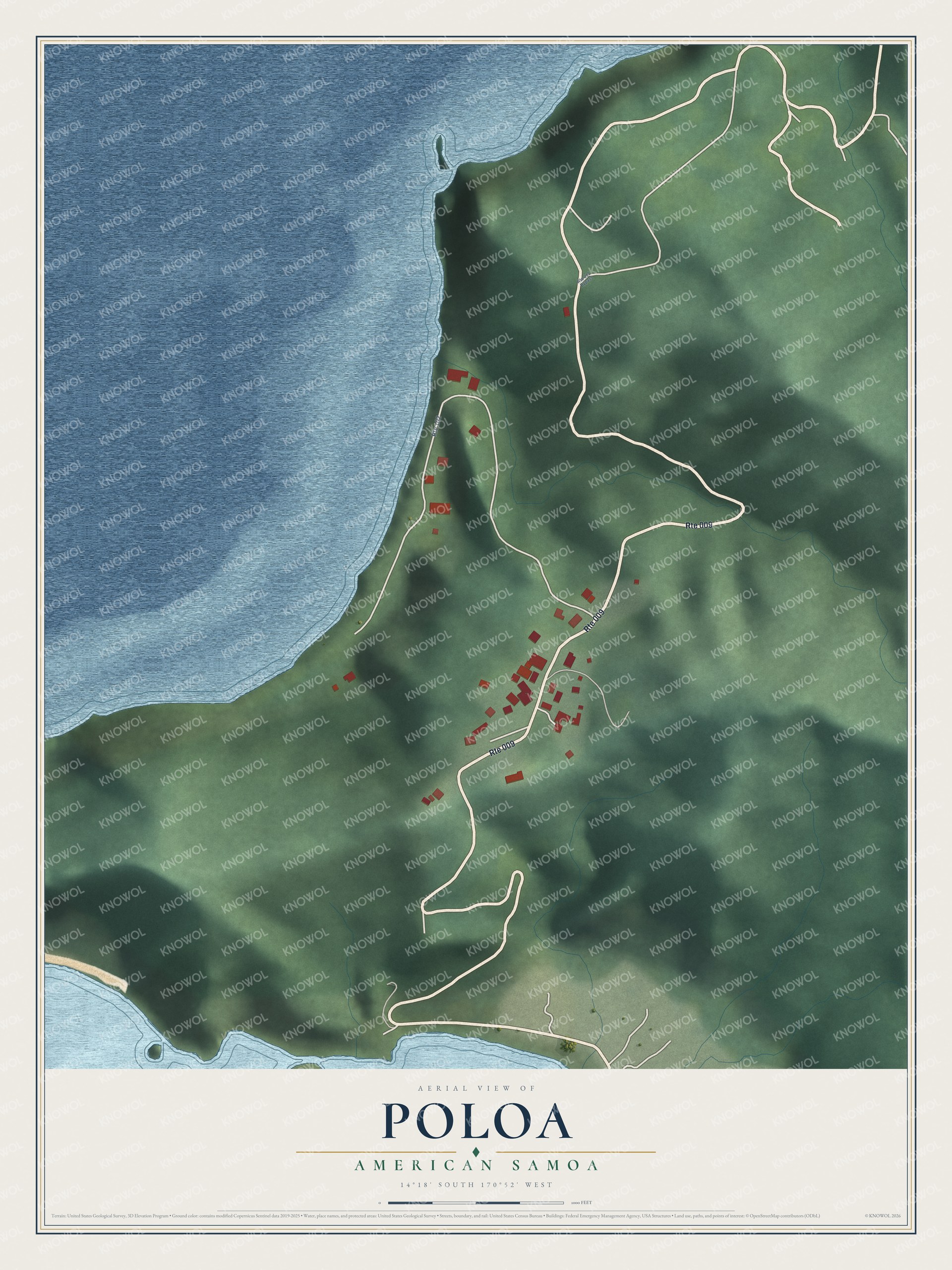 Full map of Poloa, American Samoa, with red buildings, printed street names and the land around them